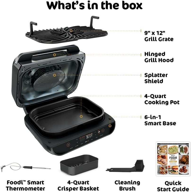 Ninja | Indoor Grill and Air Fryer| Foodi Smart XL | 6-In-1 Grill, Air Fry, Roast, Bake, Broil, Dehydrate & Crisp |Smart Thermometer & Splatter Shield | Dishwasher Safe Parts | Black/Silver | FG551