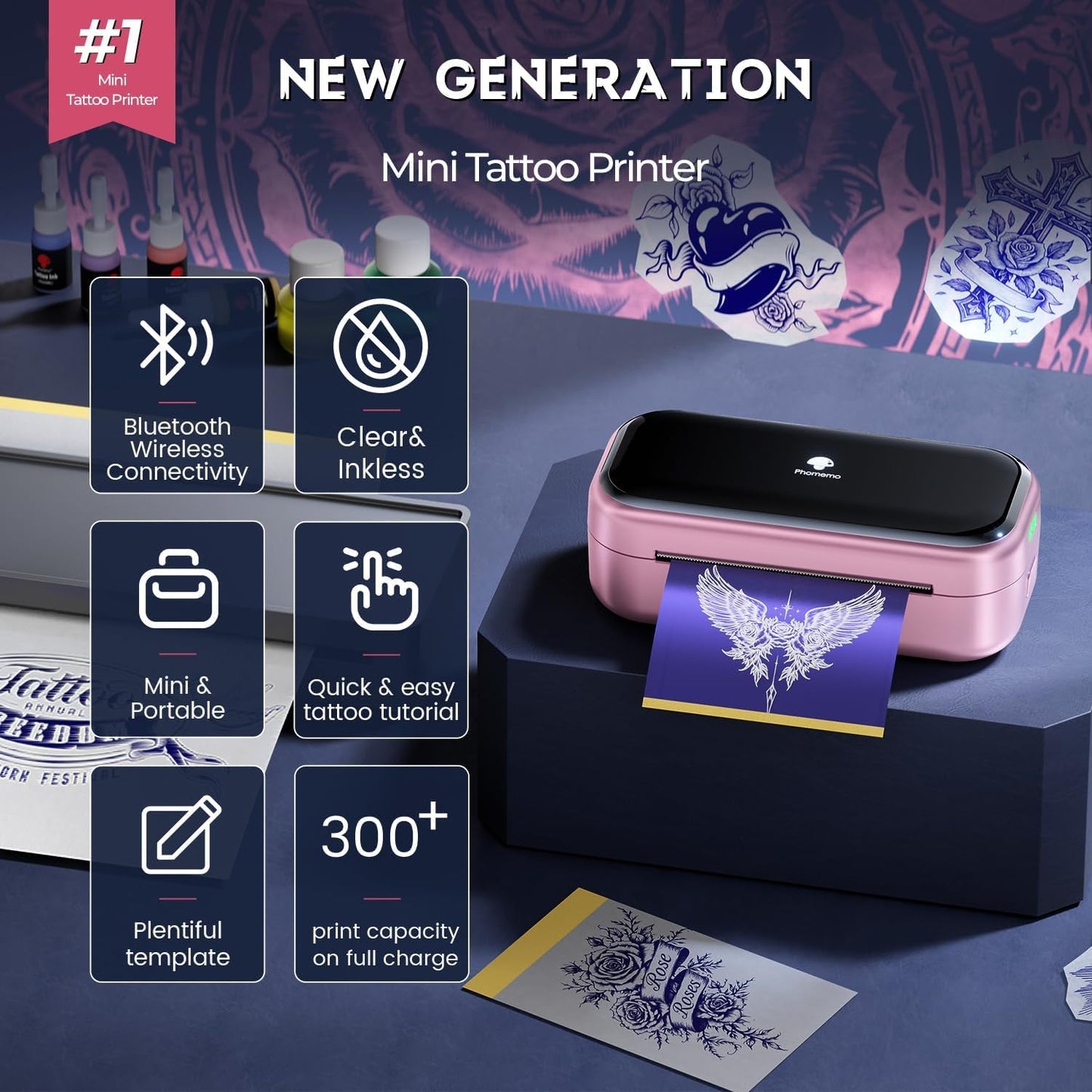 Phomemo Tattoo Maker -Mini Tattoo Stencil Printer Machine TP31 with 30Pcs Transfer Paper,Small Portable Tattoo Machine for Beginners/Enthusiast/Artists,Easy to Use with Smartphone,Pad- Pink