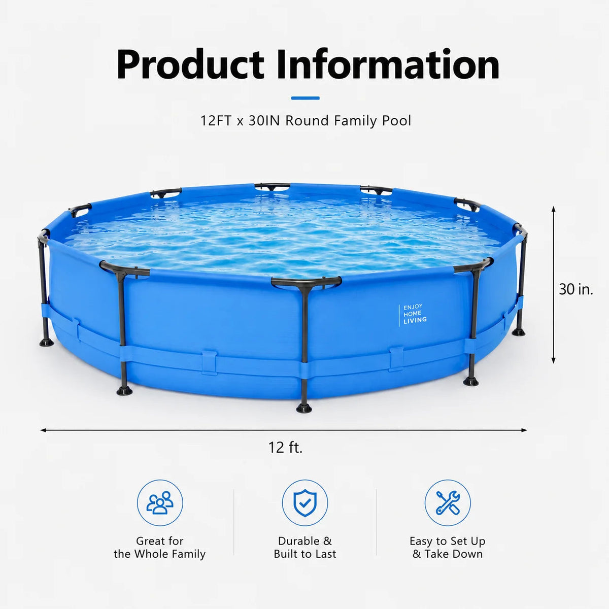 above Ground Swimming Pools, Large round Frame Outdoor Pool W/Sturdy Iron Support for Backyard, Patio & Garden, Easy Setup Family Pool for Kids and Adults Summer Water Fun