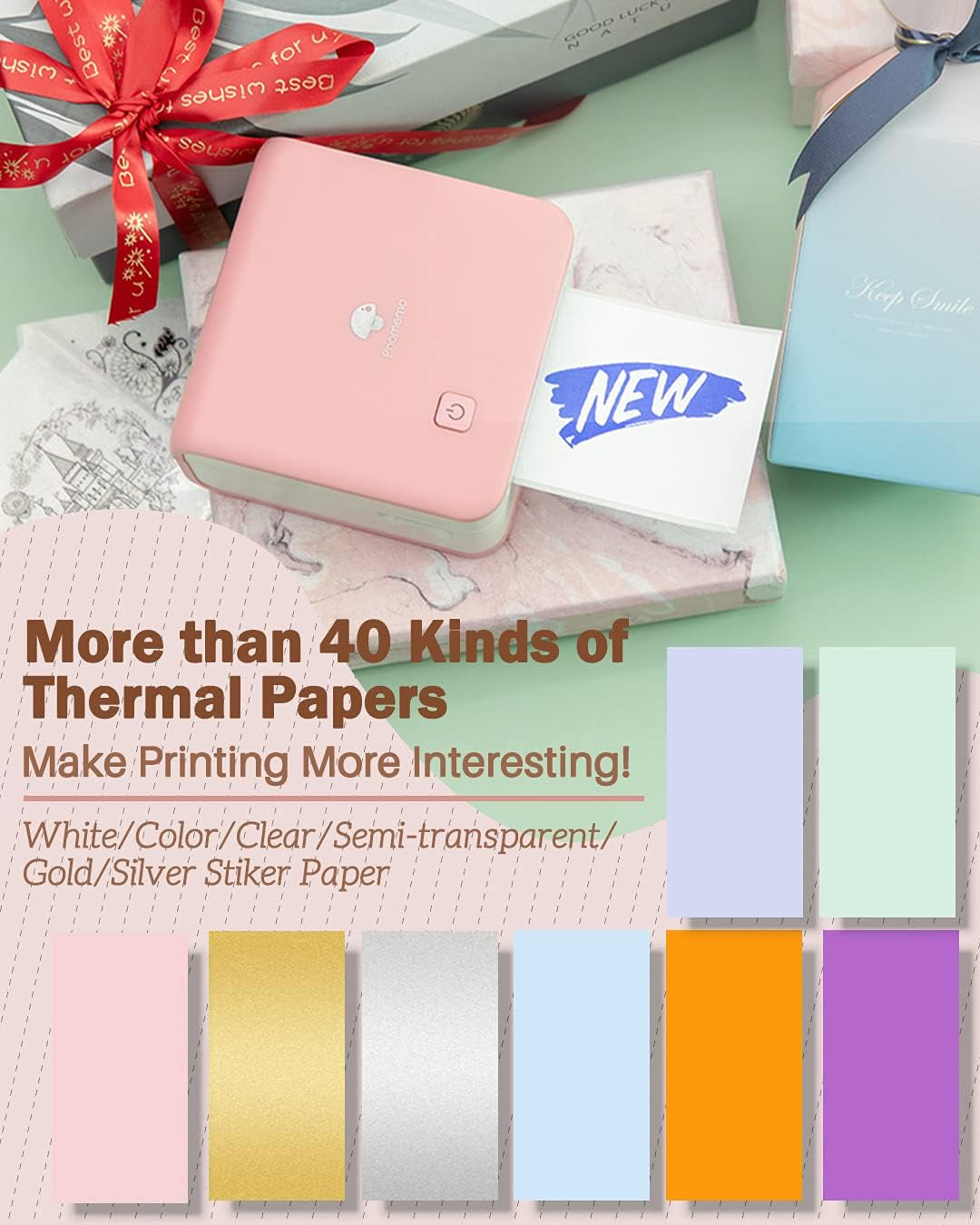 Phomemo Mini Sticker Printer - Print Pods M02 Pro 300Dpi Mini Pocket Printer, Sticker Printer Maker Thermal Label Machine for Photo Printing, Diys, Study Notes, Travel, Work and Study, Gift, Pink