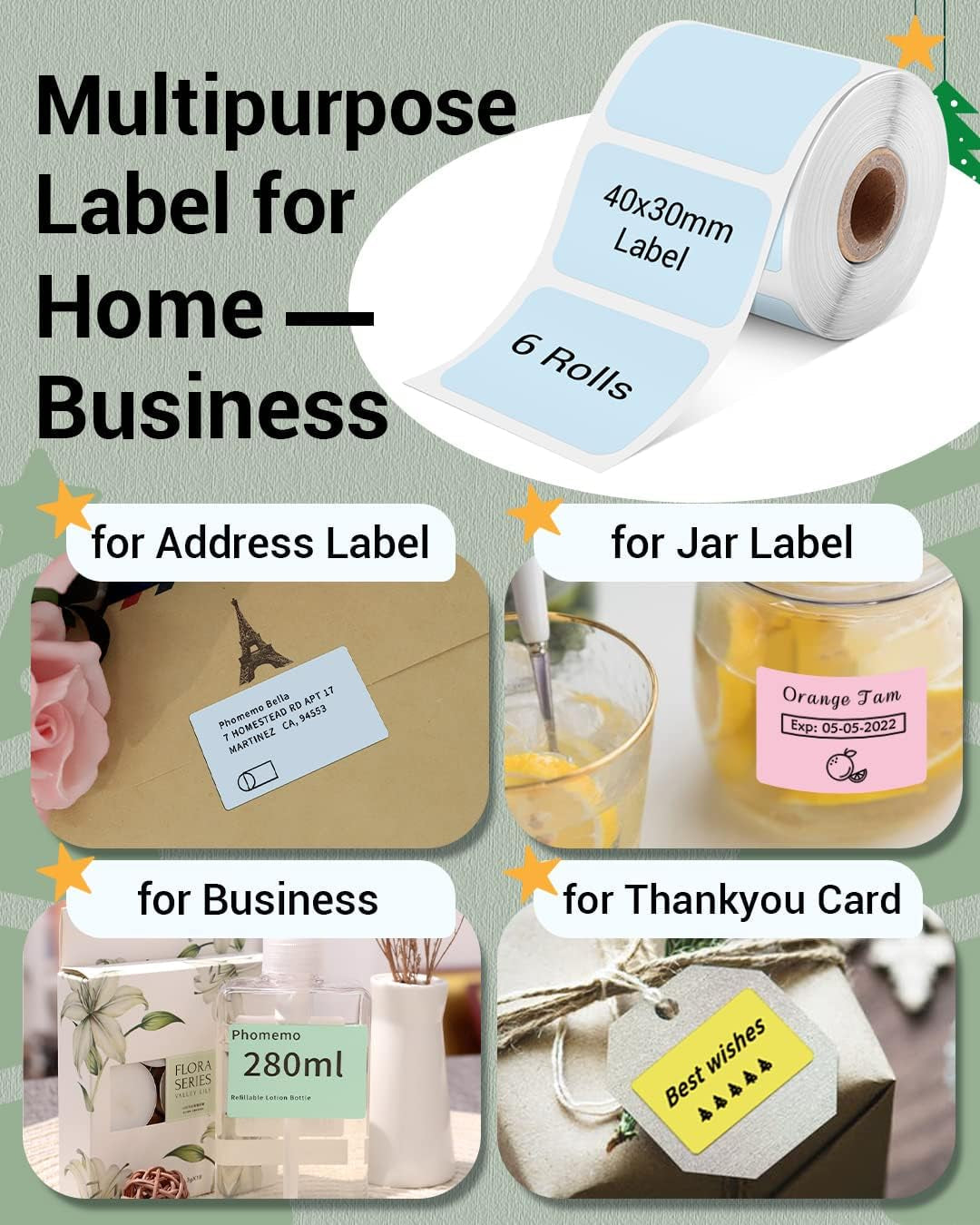 Phomemo Sticker Labels 1.57"X1.18"(40X30Mm) 6 Rolls, for M110/M110S/M120/M200/M220 Printer - Pink/Blue/Khaki/Green/Yellow/Purple, for Small Business, Home, Office, 230 Labels/Roll