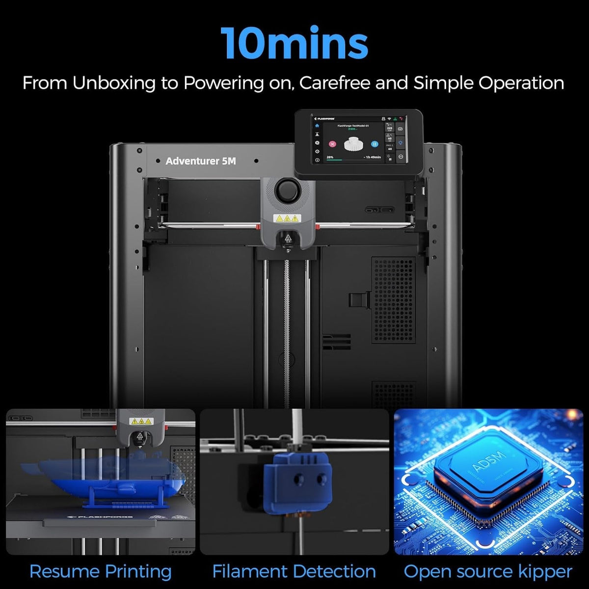 FLASHFORGE Adventurer 5M 3D Printer,600Mm/S Max High-Speed FDM 3D Printers with Fully Auto Leveling, 280°C Direct Extruder with Quick Detachable Nozzle, Effective Cooling, Core XY Structure