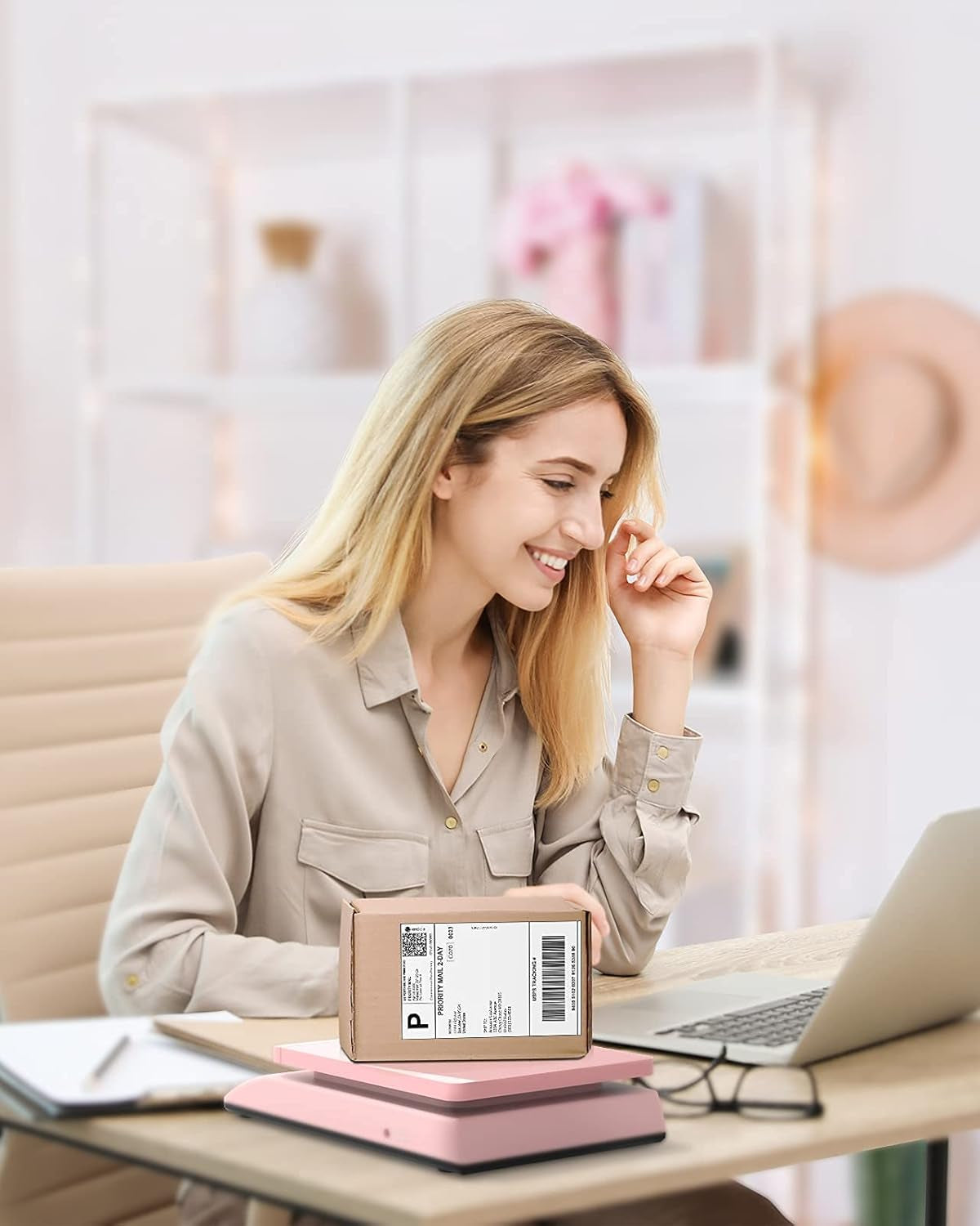 MUNBYN Shipping Scale, Accurate 66Lb/0.1Oz Postal Scale with Sweet Pink Style, Hold/Tear/Pcs Function, Auto-Off, Battery & AC Adapter, Back-Lit LCD Display, Digital Scale for Packages and Food Pink