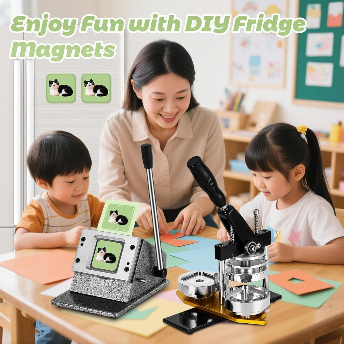 2X2In Square Fridge Magnet Maker Machine Kit Photo Magnets Making Kit DIY Square Magnet Button Press +Paper Cutter+ 100 Sets Refills +Photo Papers