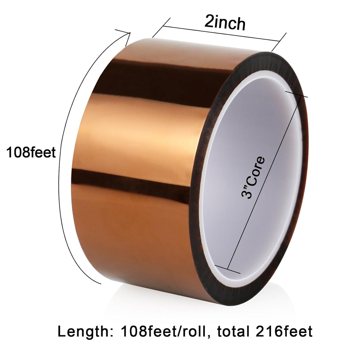 BOMEI PACK Polyimide Tape, 2 Pack High-Temperature Resistant Tape 2Inch X 33M(108Ft), No Residue Heat-Resistant Tape for Electric Task, 3D Printing, Soldering, Sublimation, Masking