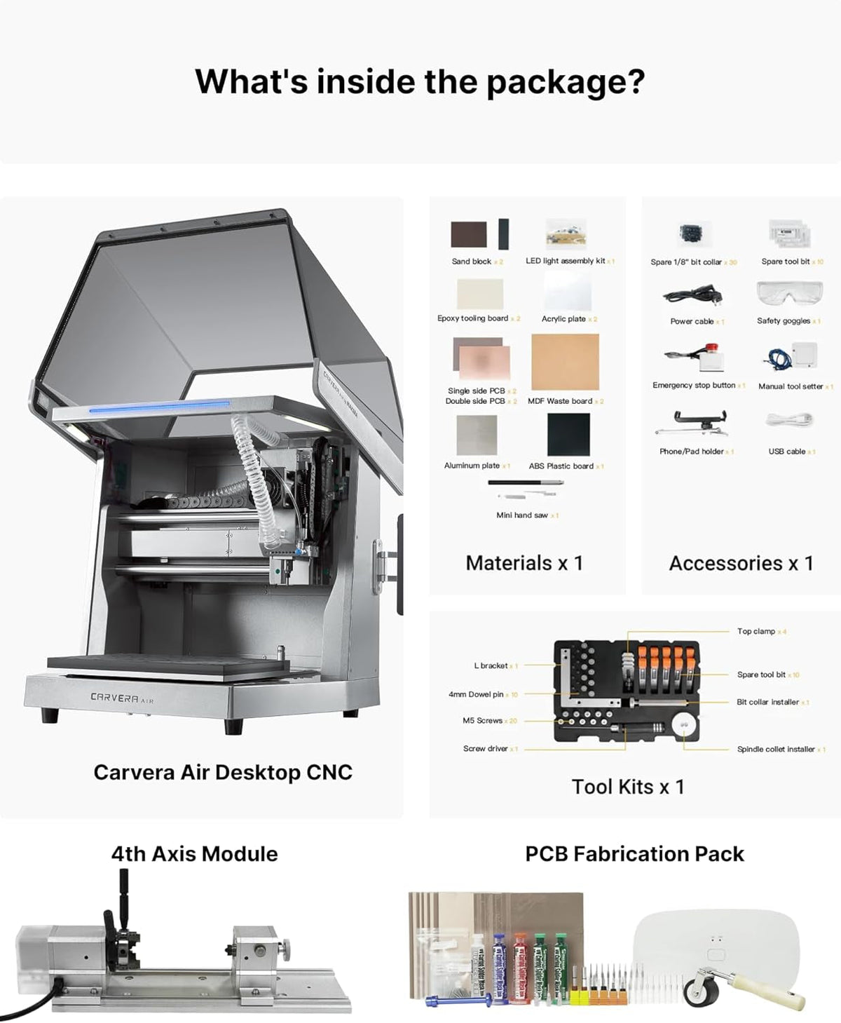 Carvera Air Desktop CNC Machine with 4Th Axis and PCB Kit, Compact Enclosed Mini CNC Router Mill, Quick Tool Changer Closed-Loop Control, Makera CAM, High Precision for DIY Makers Workshops Metal Wood
