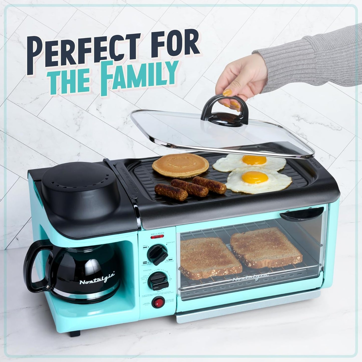 Nostalgia 3-In-1 Breakfast Station - Includes Coffee Maker, Non-Stick Griddle, and 4-Slice Toaster Oven - Versatile Breakfast Maker with Timer - Aqua
