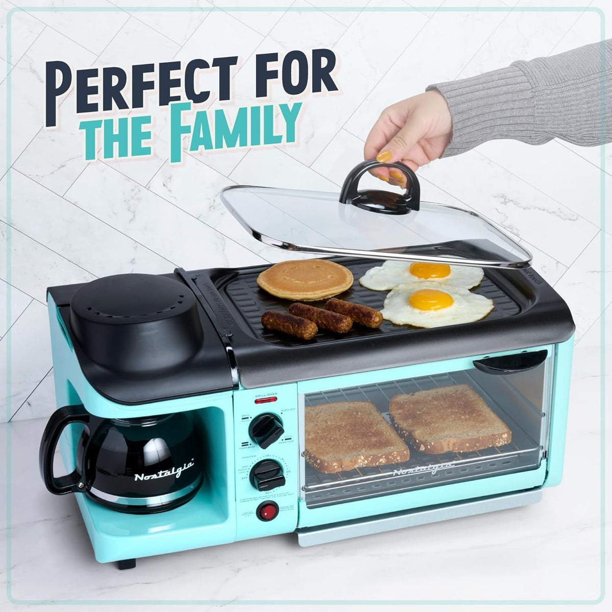 Nostalgia 3-In-1 Breakfast Station - Includes Coffee Maker, Non-Stick Griddle, and 4-Slice Toaster Oven - Versatile Breakfast Maker with Timer - Aqua