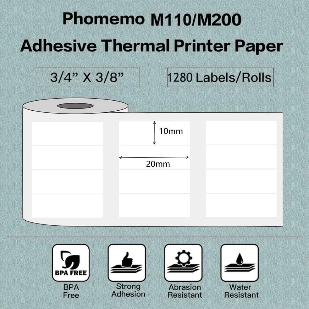 Phomemo M110 Labels-Sticker Labels for M110/M100/M220/M221/M108 Label Printer,3/4" X 3/8"(20X10Mm), 1280 Labels/Roll, for Barcode/Address/Mailing/Logo/Business/Home Tag