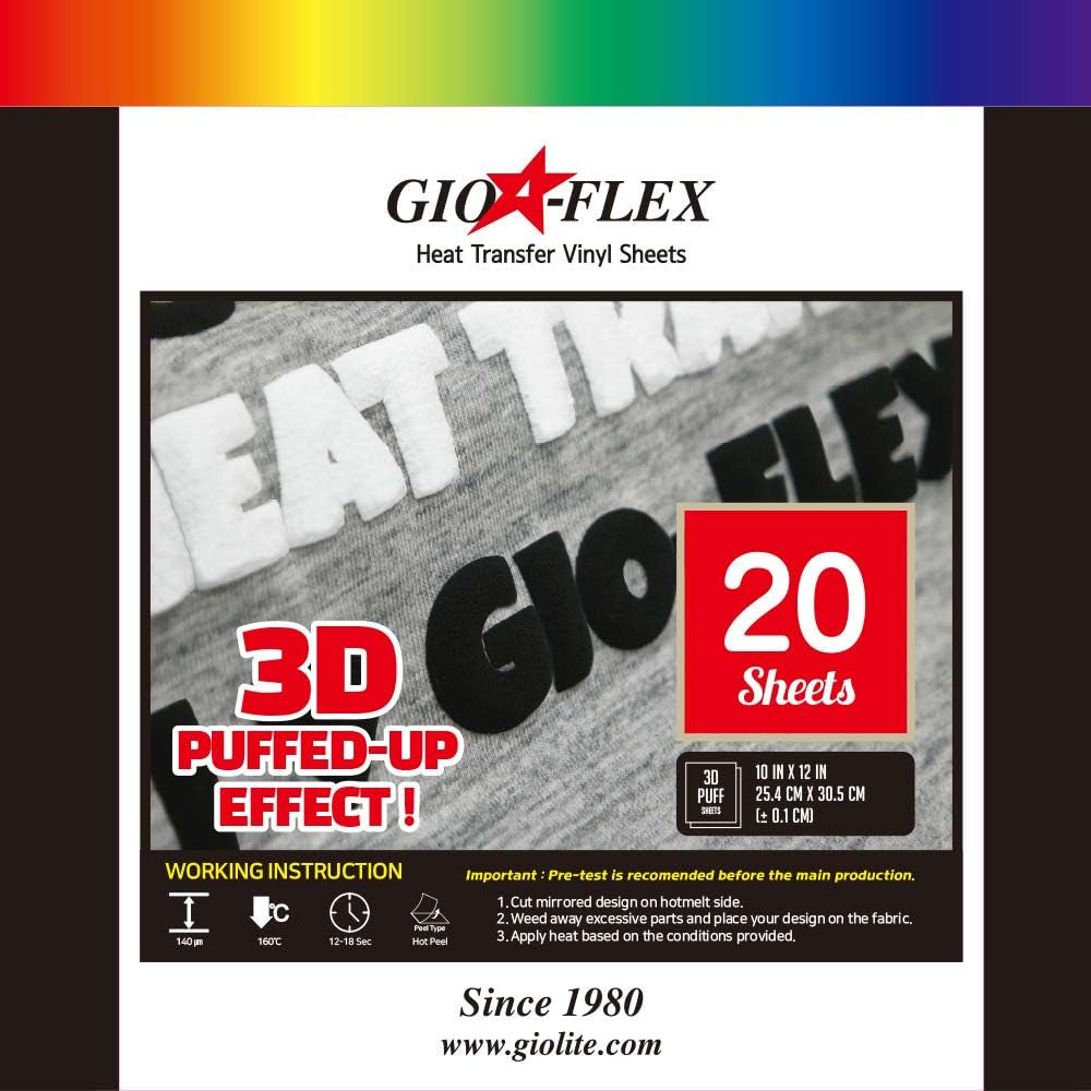 GIO-FLEX 3D Puffed-Up Heat Transfer Vinyl 10"X12"-20 Sheets White Color HTV Adhesive Iron-On Transfer DIY Design T-Shirt Compatible with Cricut and Silhouette Cameo Heat Press Machine Easy to Weed Cut