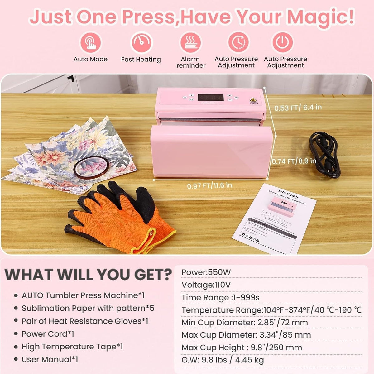 Whubefy Auto Tumbler Heat Press, Mug Press Sublimation Machine Even Heating, Automatic Press&Release Tumbler Press Machine for 2.85-3.34Inch Sublimation Tumblers Cups W/Sublimation Papers/Tape/Gloves