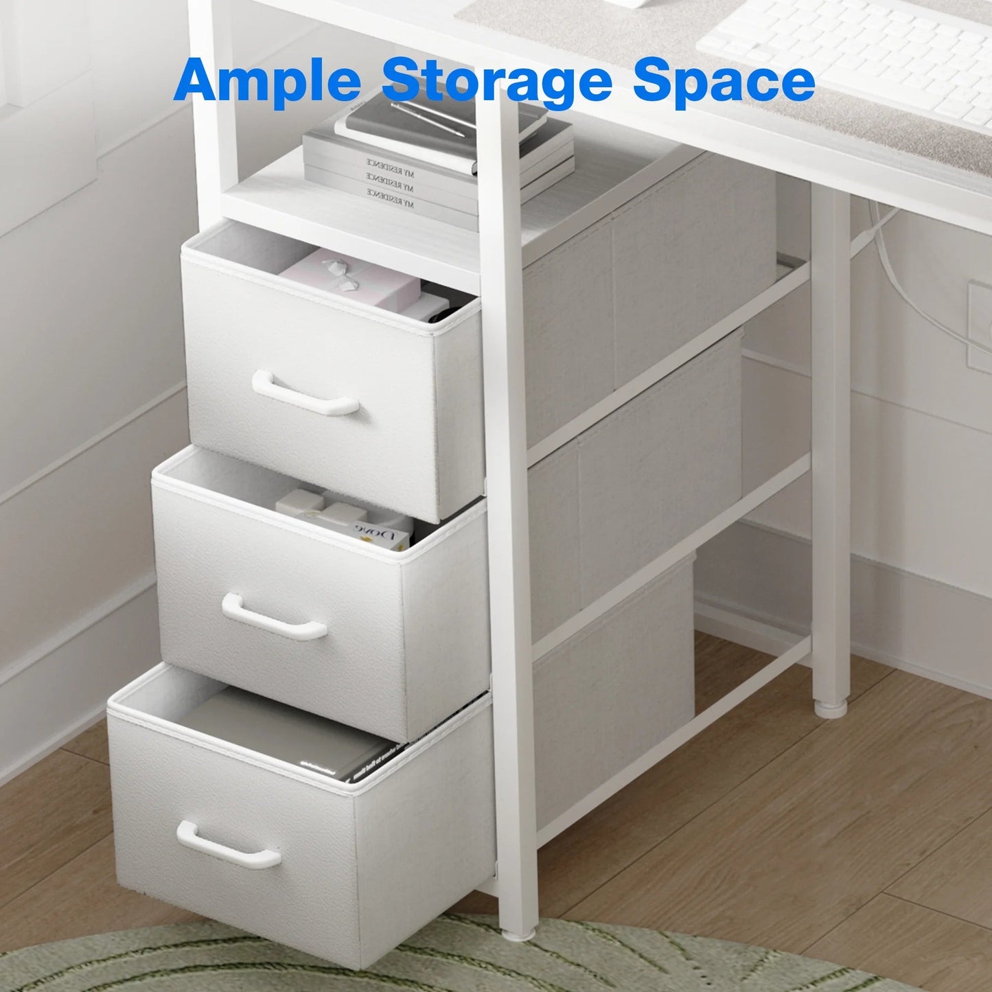40 Inch Computer Desk with Power Outlets, Home Office Desk with 3 Drawers, Writing Desk with Removable Monitor Shelf, Pure White