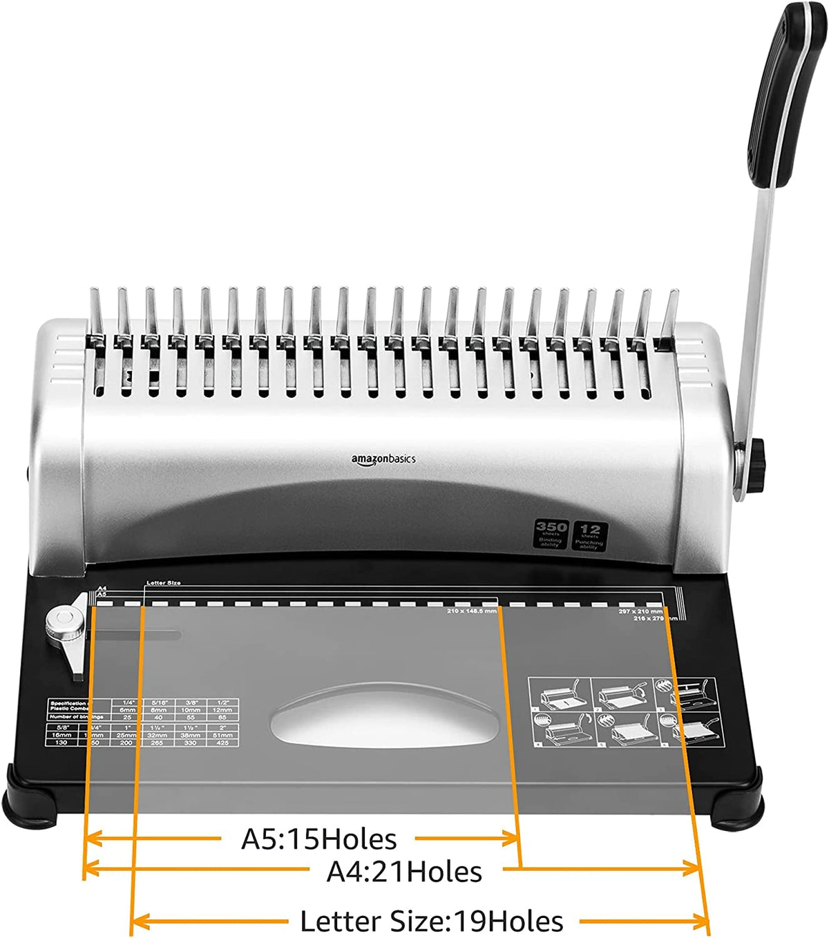 Amazon Basics Comb Binding Machine, 350 Sheets Capacity, for Paper Sizes A5(15 Holes)/Letter(19 Holes)/A4(21 Holes) with Adjustable Margin, Grey