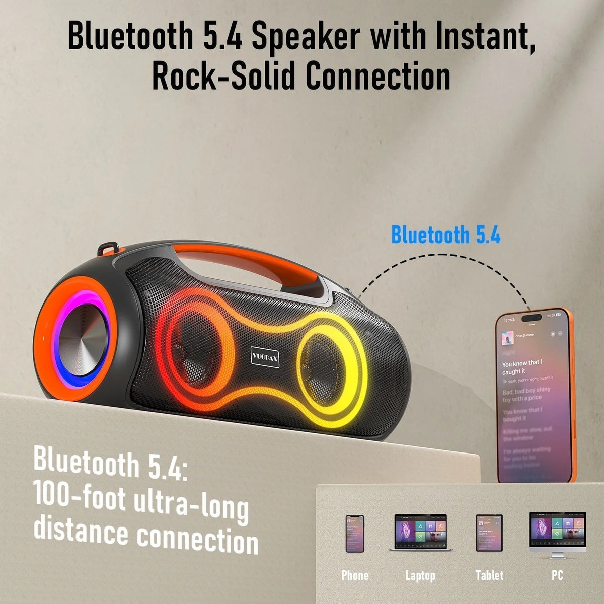 Portable Bluetooth Speaker with Bass Boost, IP65 Waterproof Outdoor Wireless Loud Speaker with Disco Dynamic Light, 180W Power and USB/AUX/TF Input for Party
