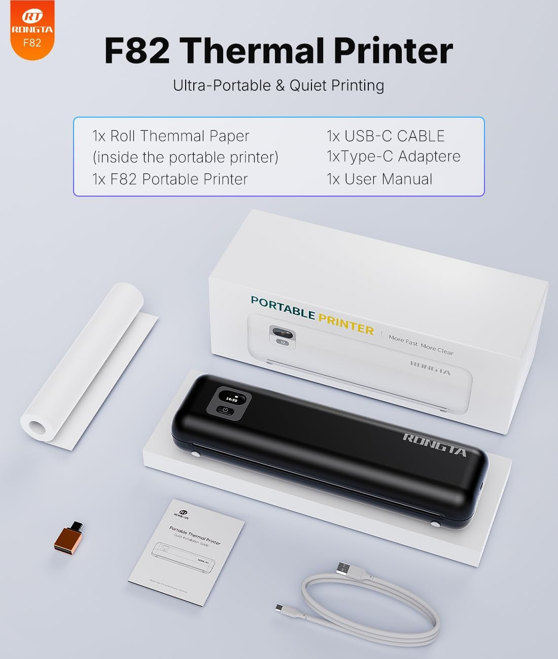 Rongta Portable Printer Wireless for Travel, Thermal Inkless Printers for 8.5"*11" US Letter, Compatible with Android Ios Smartphone, Mac Windows Laptop for Office, Home, Travel (Black)