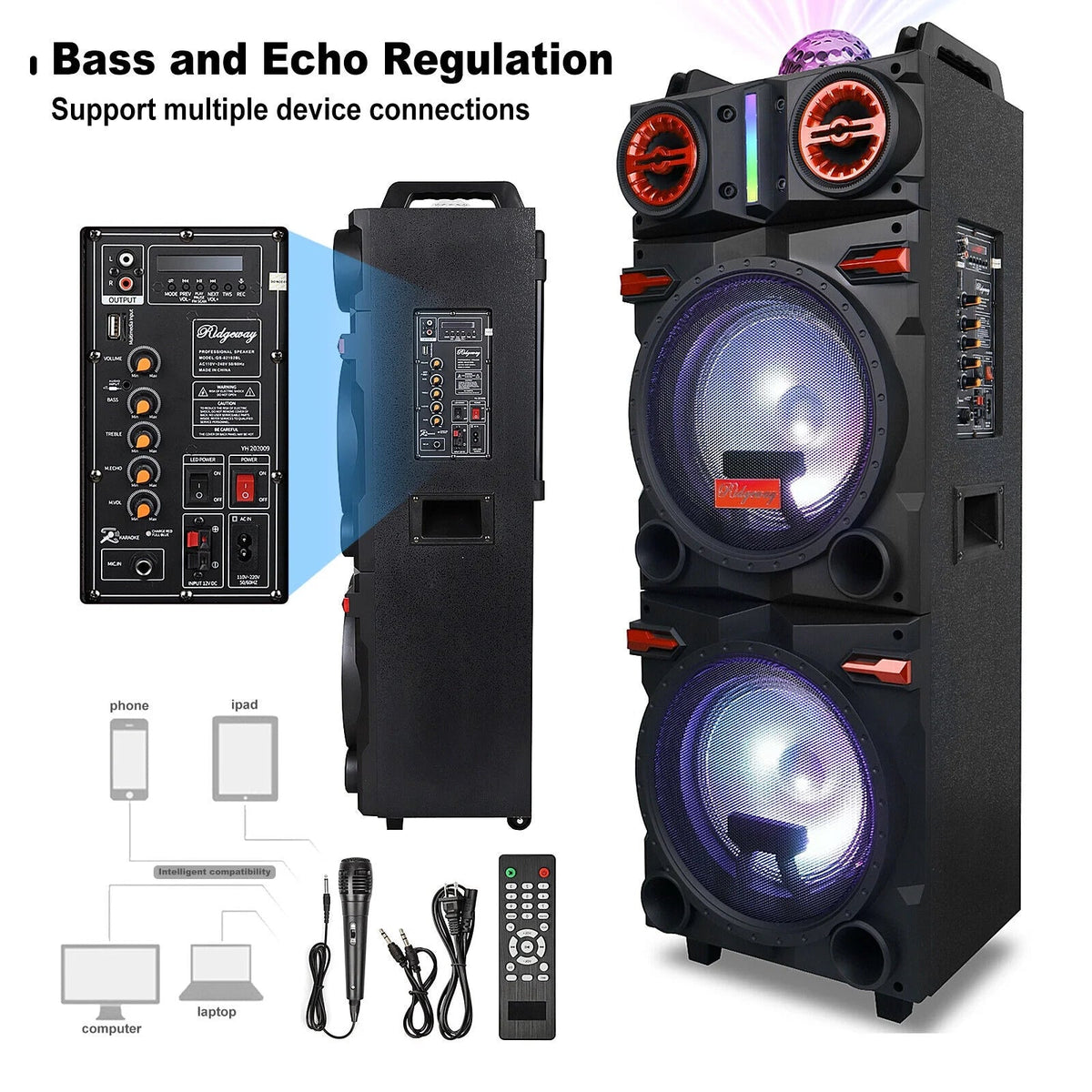 4,500W Bluetooth Speaker Rechargable Dual 10" Woofer Party FM Karaok DJ LED AUX