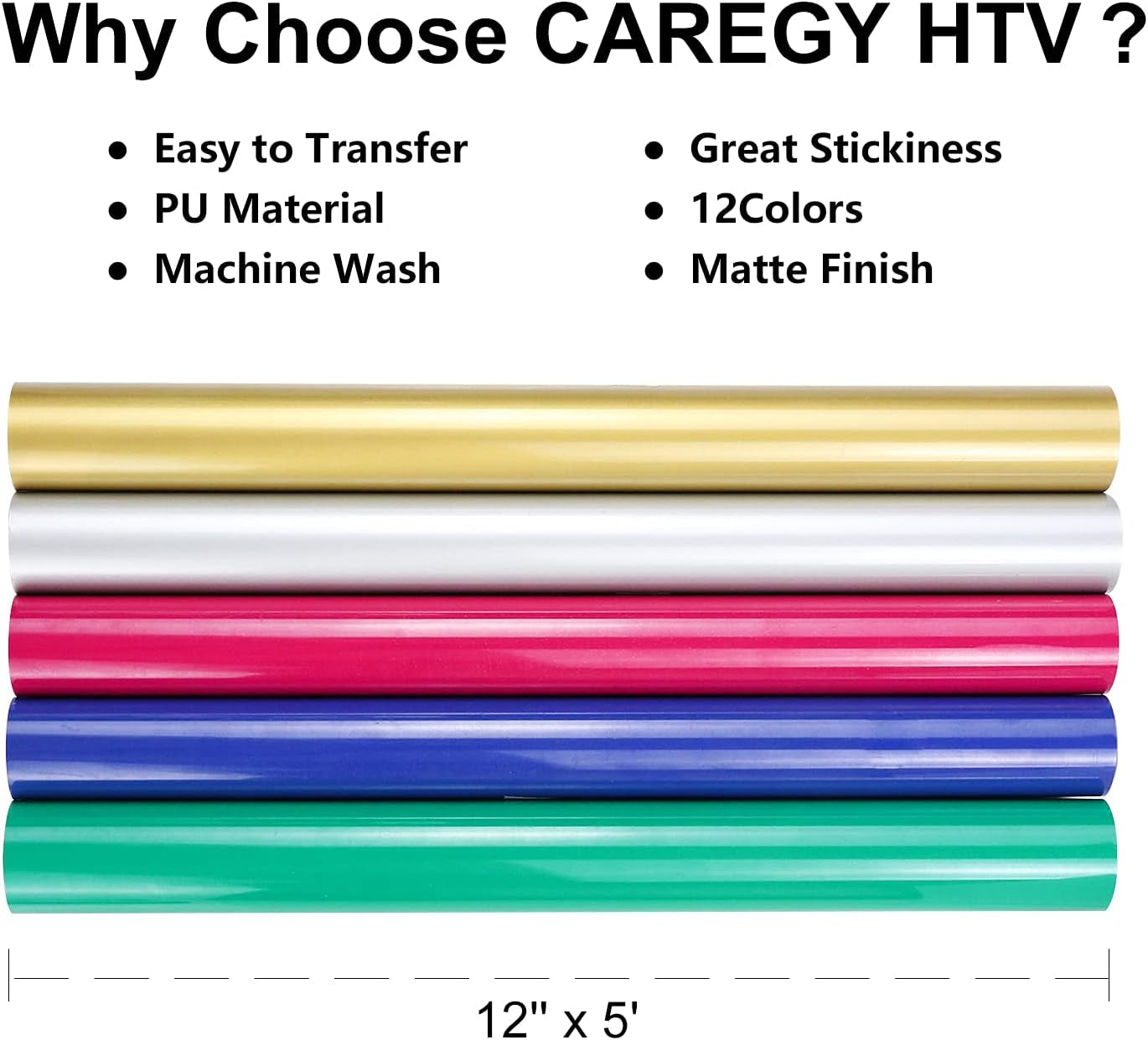 CAREGY HTV Heat Transfer Vinyl Bundle -12 Pack 12'' X 5FT Heat Transfer Vinyl Rolls, Easy Cutting Iron on Vinyl for Cricut, Easy to Weed Heat Transfer Vinyl