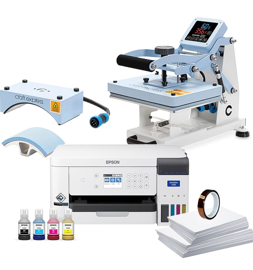 Epson surecolor f170 dye sublimation printer. Includes full set of ink, UserGuide, Ac Power Cable, Sublimation Starter Kit, Thermal Tape , 8.5x11 & 8.5 x 14 SCF170