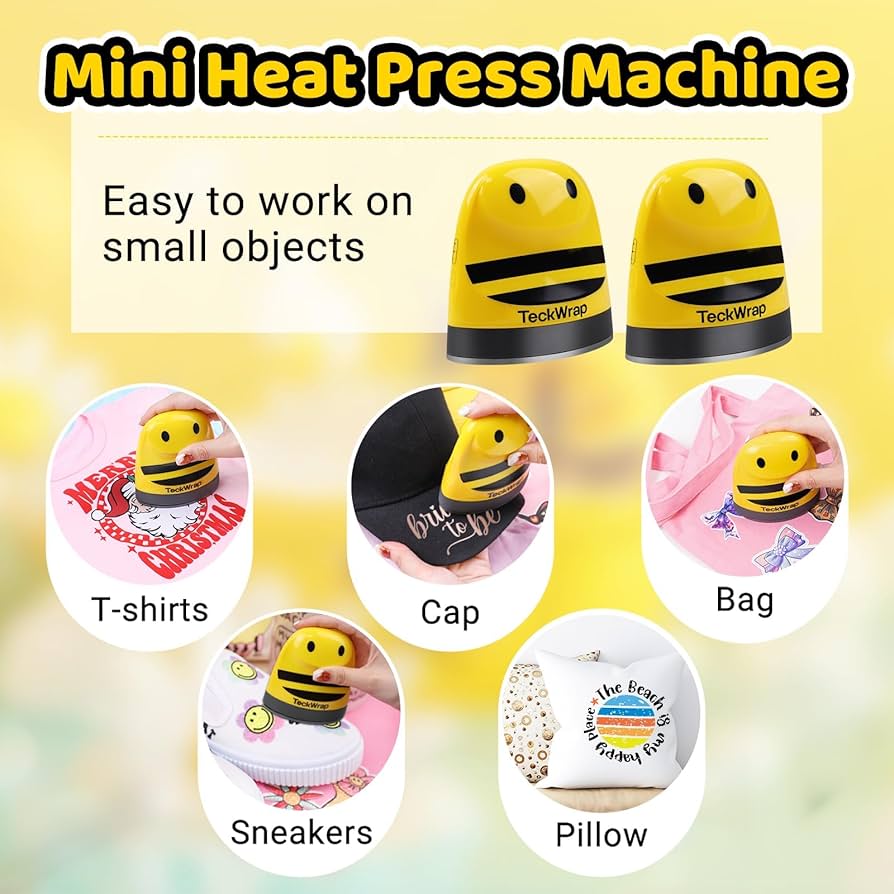 TECKWRAP Mini Heat Press Machine for HTV & Sublimation, Compact Heat Press for Vinyl on T-Shirts, Hats, Shoes, Bags, DIY Crafts – Small Heat Transfer Machine for Beginners (Yellow Bee)