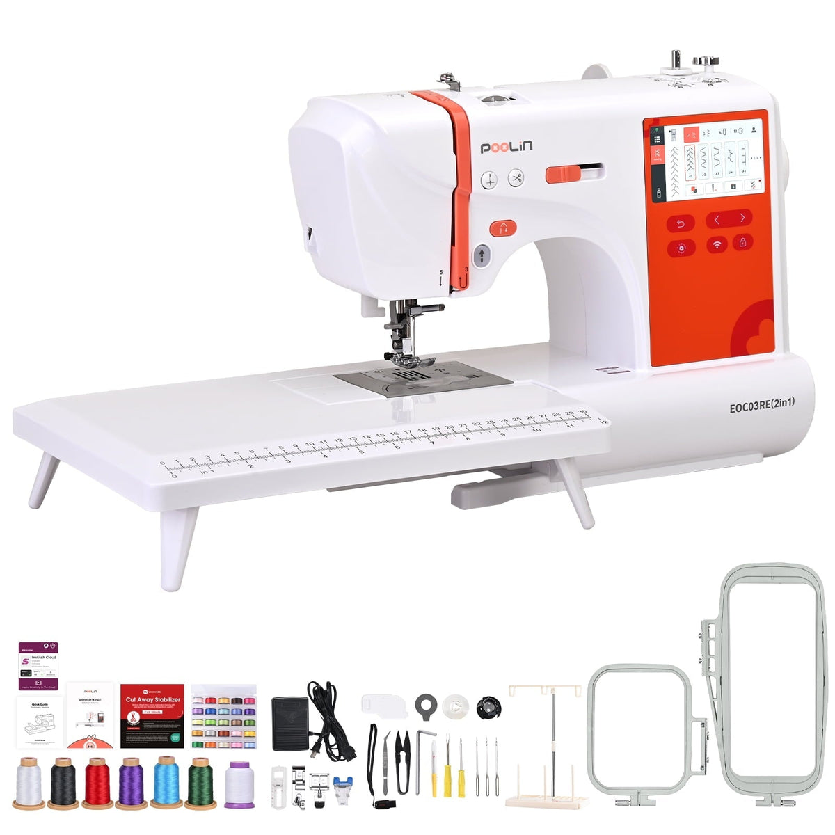 PooLin EOC03 Embroidery Machine 4x4 & 4x9.25 Embroidery Area for Beginners, Easy Operation System, 130 Built-in Designs, 8 Fonts, WiFi Design Transfer, Home DIY Embroidery Machine with Starter Kit