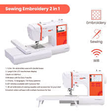 Poolin Eoc03Re(2In1)Computerized Sewing and Embroidery Machine 9.2In*4In Embroidery Area, 4.3In LCD Touch Screen,8 Fonts, 12 Languages, 154 Fancy Patterns, USB & Wireless, Software,2 Hoops