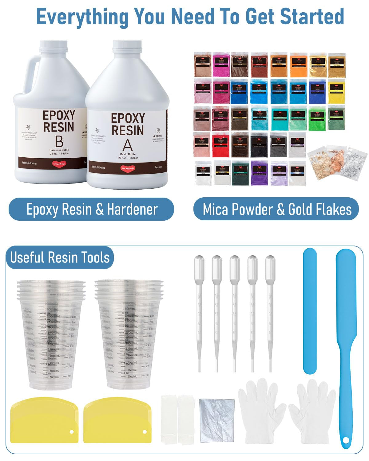 2 Gallon Epoxy Resin Kit with 36 Colors Mica Powder, Gold Foil, Cups & Stick, Crystal Clear Resin Beginner Supplies for Coating Casting Table, Molds, Jewelry Making, DIY Art Craft, 1:1 Ratio