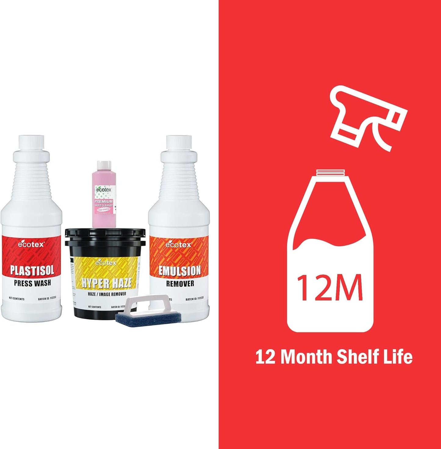Ecotex® Screen Printing Cleaning Kit - Emulsion Remover - Press Wash Plastisol Ink Cleaner, Hyper Haze Remover and Degreaser, Premium Hand Cleaner and Scrub Pad - Screen Printing Supplies