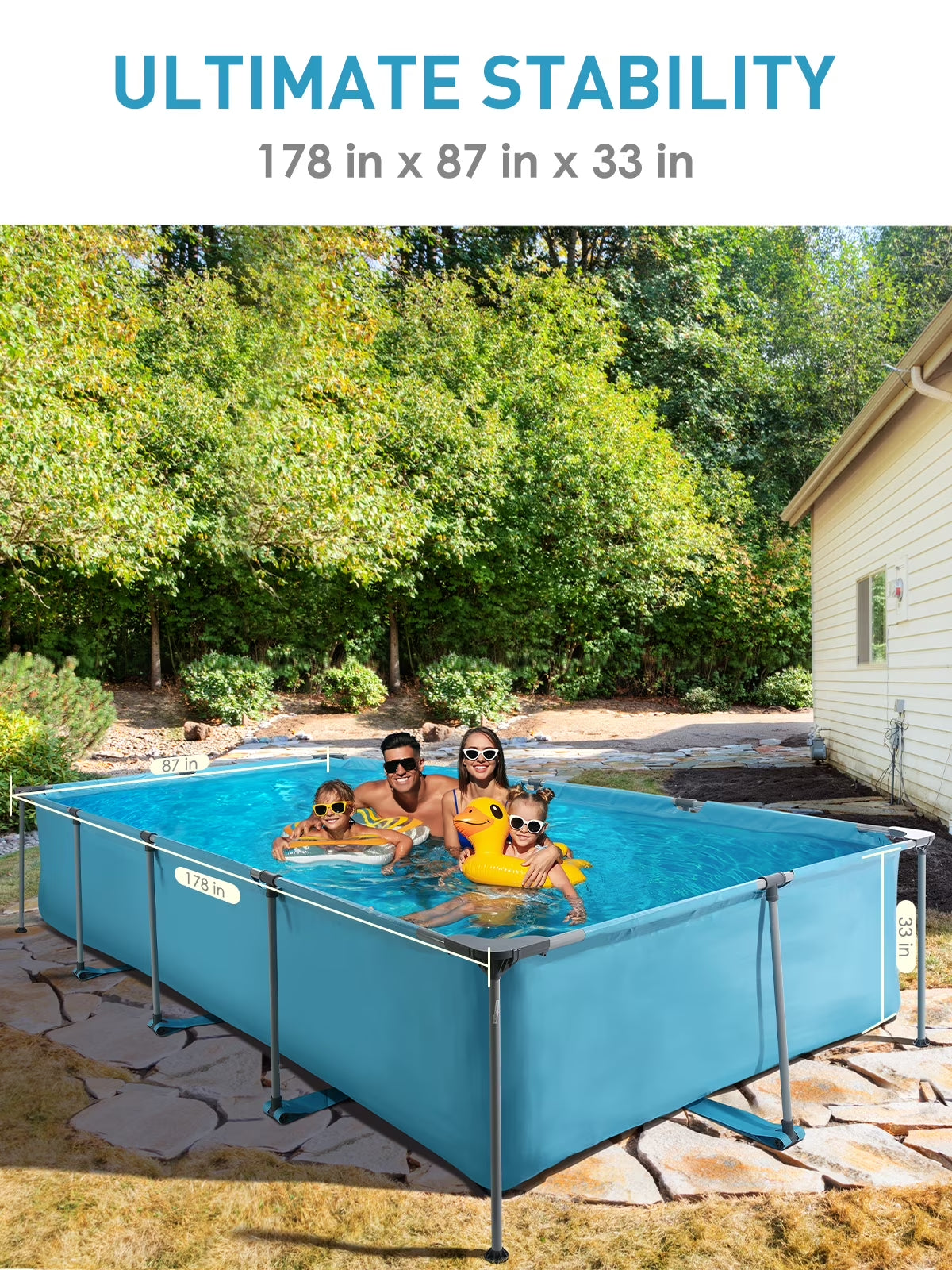15FT Rectangular Frame Swimming Pool Metal Outdoor Backyard above Ground Pool Family Adults Splash