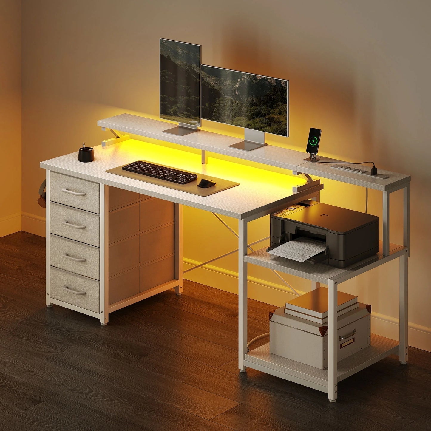 55 Inch Computer Desk with USB Ports and Power Outlets, Printer Shelf & Built-In LED, 4 Drawers & Storage Shelf, Home Office Desks, White