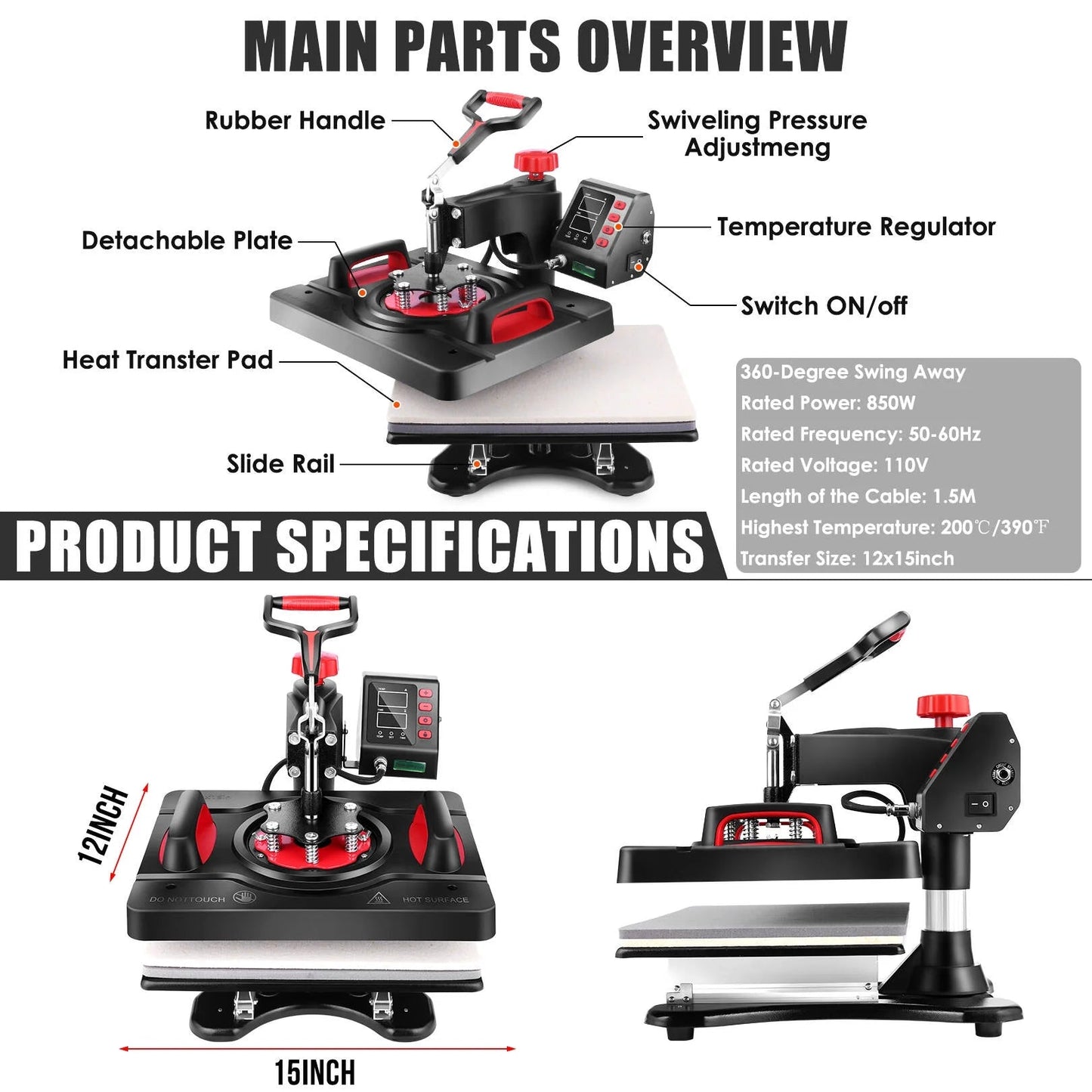 Adnoom 5 in 1 Heat Press Machine 15"X12" with LCD Control Panel, Full 360°Swing Away Heat Press Machine with Multi-Spring Pressure Knob, Sublimation Vinyl Digital Heat Press for Tshirt,Cap,Mug