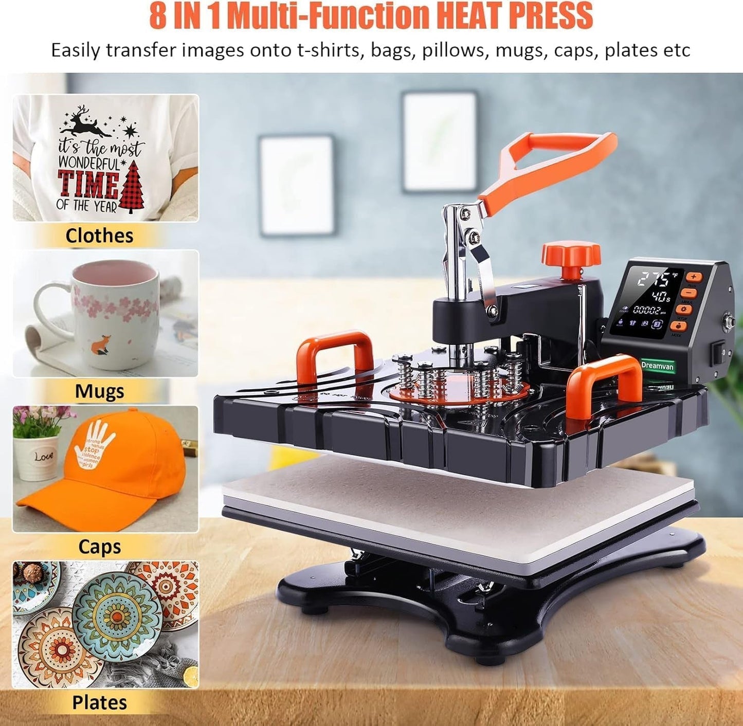 WHUBEFY Heat Press Machine 15" X 12" - 8-In-1 Multifunction T-Shirt Press with Mug, Hat, & Plate Attachments | Professional Sublimation for Shirts, Mugs, Caps & More (Major Upgrade)