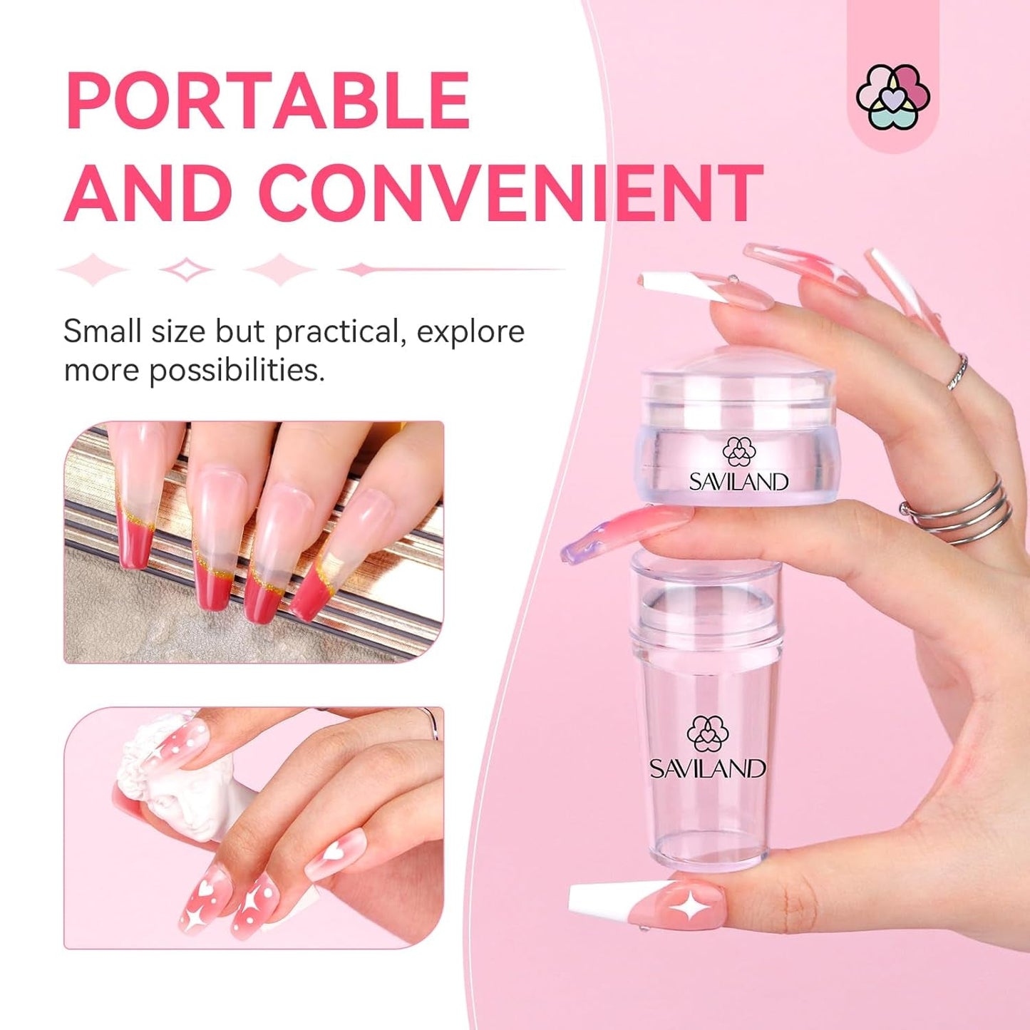 Saviland French Tip Nail Stamp: 4PCS Nail Art Stamper Kit Clear Silicone Nails Stamping Long & Short Jelly Stamper with Scrapers Nails Stamper Kit for French Manicure Home DIY Salon