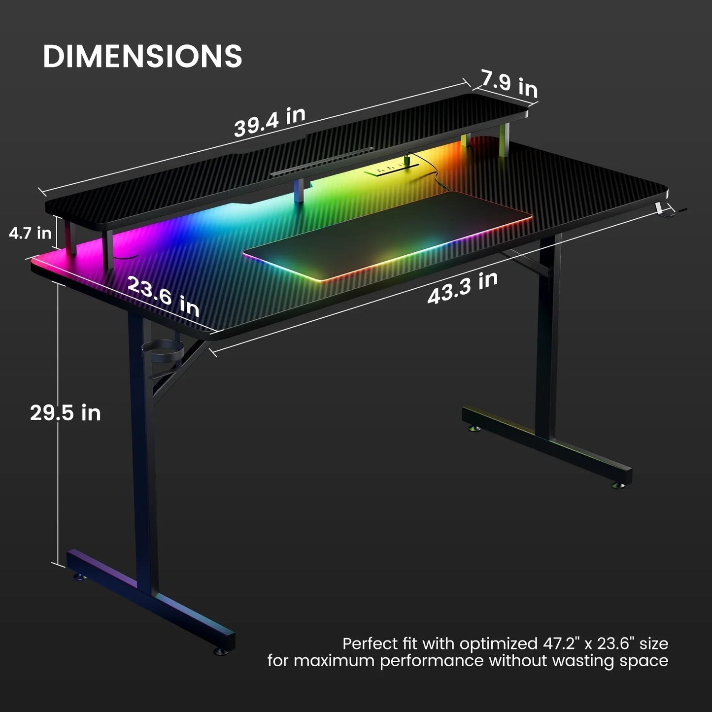Lumina Elite LED Gaming Desk with USB and Power Outlets, for Home and Office, Monitor Stand and Wireless Charging, Black