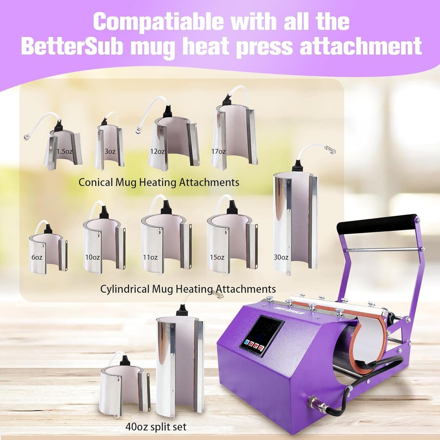Bettersub 3In1 40 OZ Tumbler Mug Heat Press Machine 30 OZ 20 OZ 16 OZ Sublimation Straight Skinny Tumbler Mug,11 OZ 15 OZ 16 OZ Sublimation Mug Heat Transfer Purple