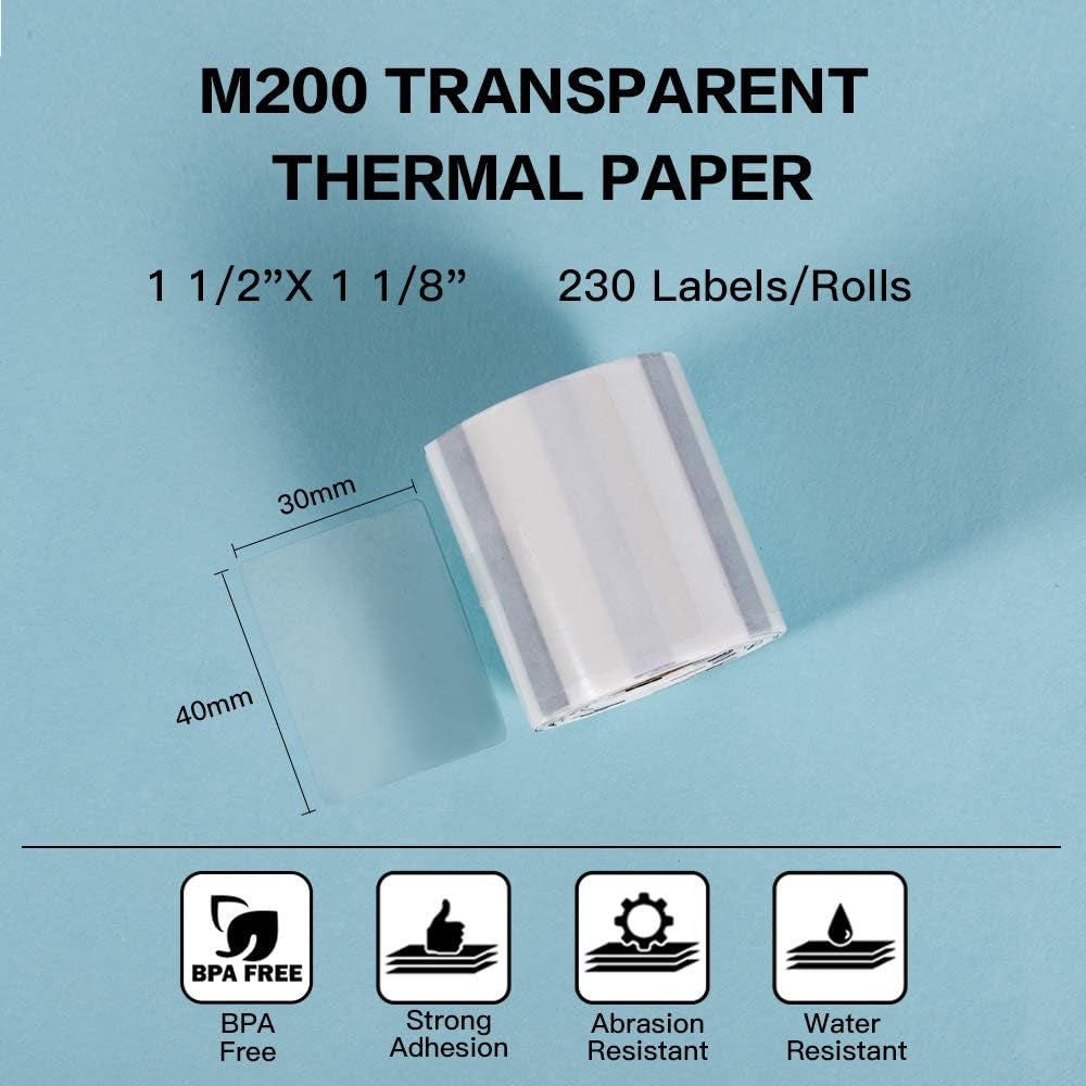 Phomemo M110 Transparent Labels-Sticker Labels for M110/M100/M220/M221/M108 Label Printer,1.57"X 1.18" (40Mm X 30Mm), 230 Labels/Roll, for Barcode/Address/Mailing/Logo/Business/Home Tag