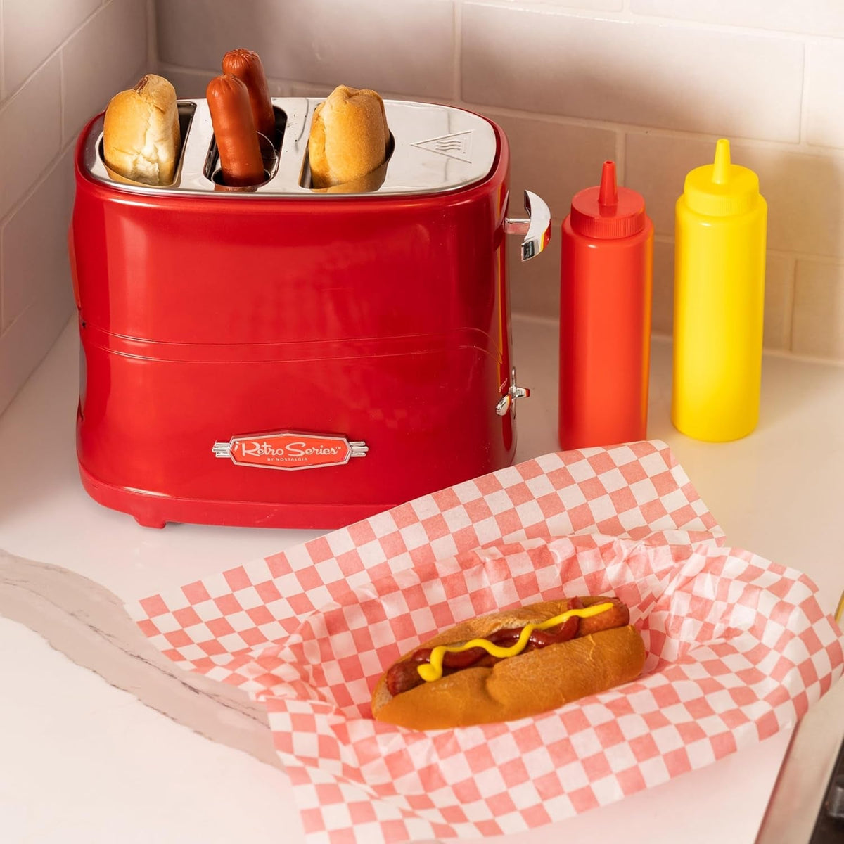 Nostalgia 2 Slot Hot Dog and Bun Toaster with Mini Tongs, Retro Hot Dog Toaster, Hot Dog Cooker That Works with Chicken, Turkey, Veggie Links, Sausages and Brats, Metallic Red