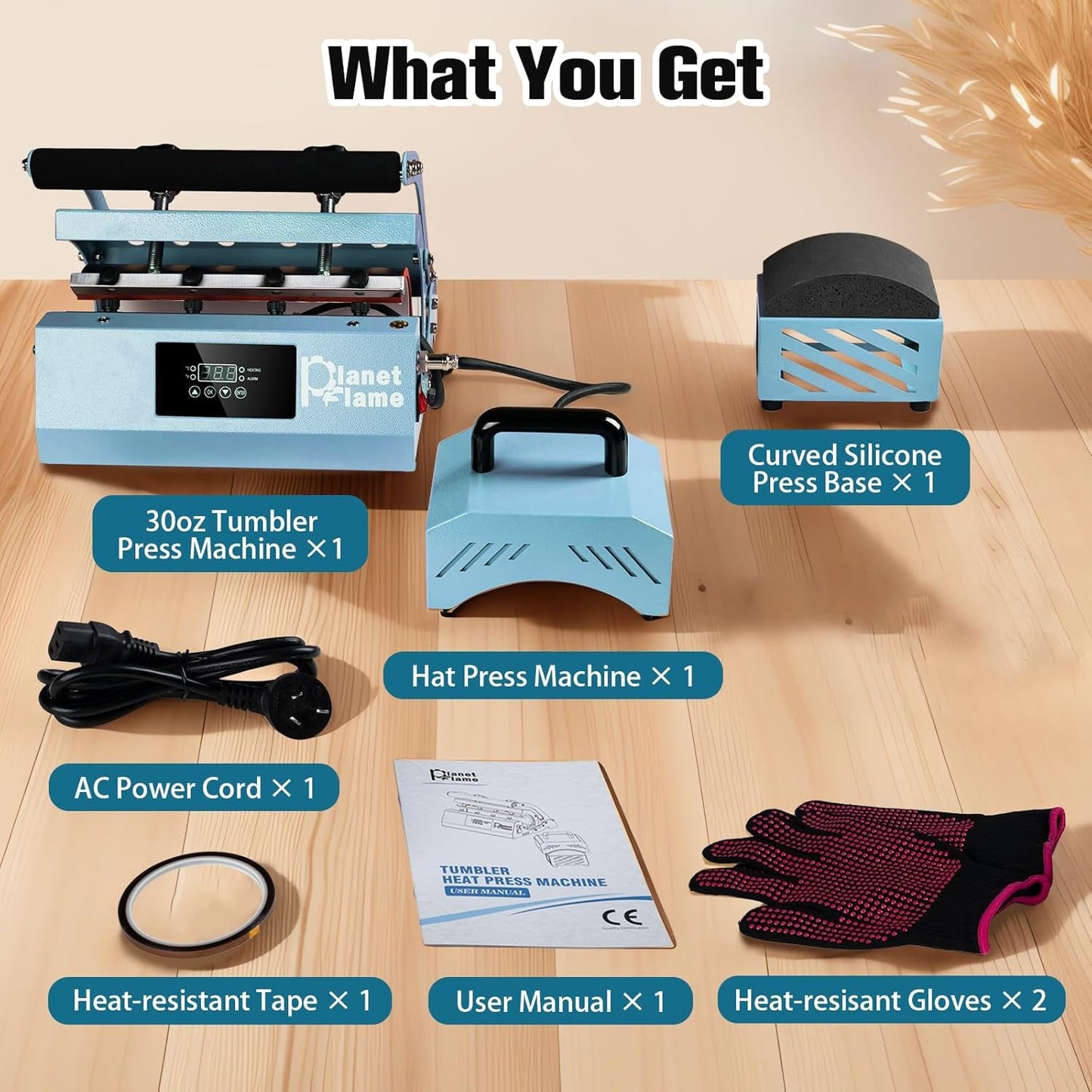 Tumbler and Hat Heat Press Machine, 2-In-1 Combo Machine for Cup and Cap with Gloves and High Temp Heat Resistant Tape for 11Oz-30Oz Sublimation Tumbler and All Caps, Blue