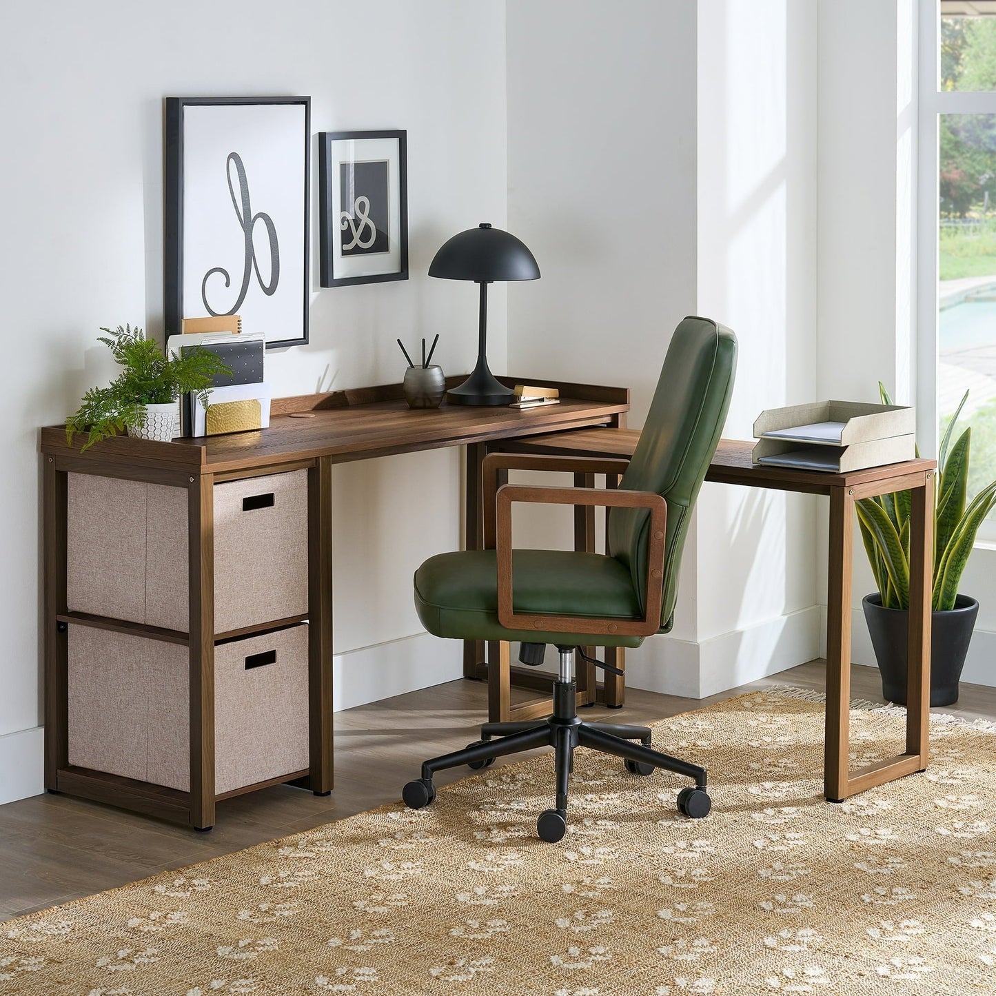 Ezra Modular L Desk with 2-Cube Storage, Walnut Finish