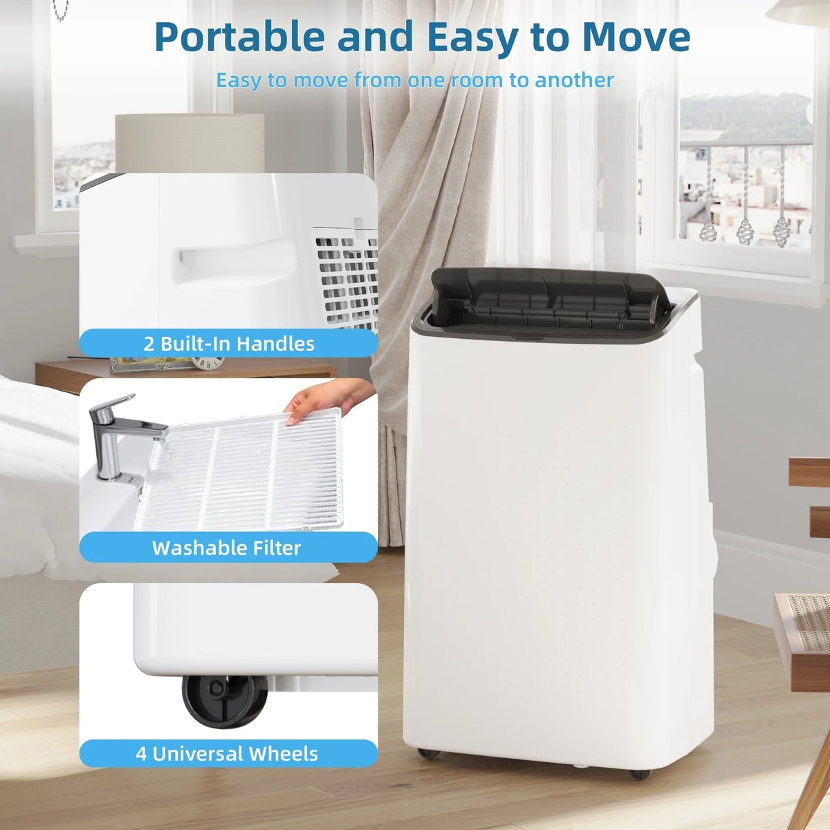 14,000 BTU Portable Air Conditioner, Remote Control, and Installation Kits, 50Db, Cools up to 750 Sq.Ft, Portable AC Built-In Cool with Dehumidifier and Fan Modes