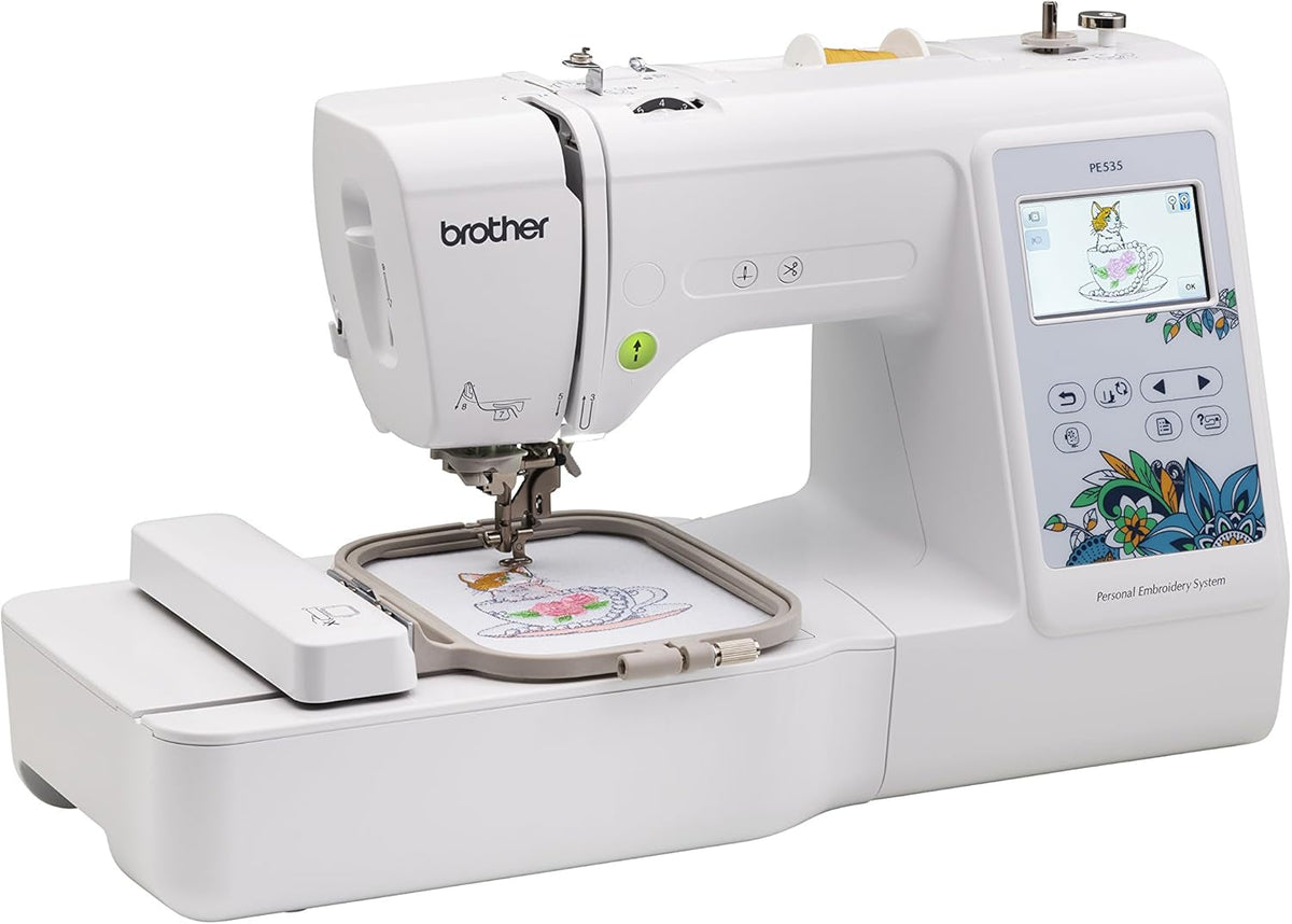 Brother PE535 Embroidery Machine, 80 Built-In Designs, 4" X 4" Hoop Area, Large 3.2" LCD Touchscreen, USB Port, 9 Font Styles