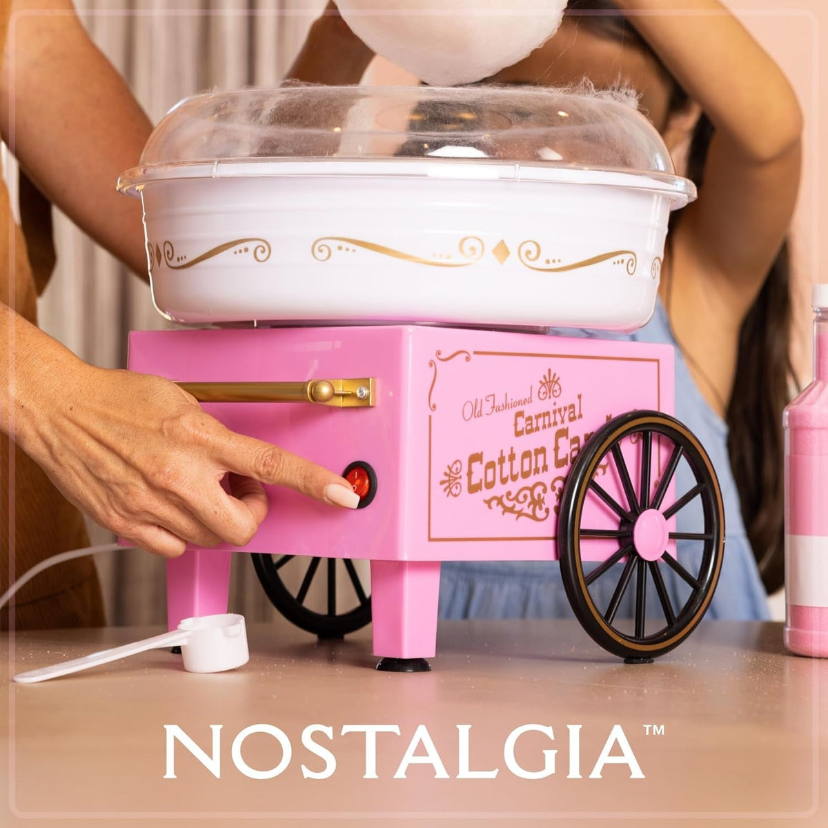 Nostalgia Vintage Cotton Candy Machine - Countertop Cotton Candy Maker with 2 Reusable Cones & 1 Sugar Scoop - Use Hard Candy or Sugar to Create Fluffy, Delicious Treats in Minutes-Pink