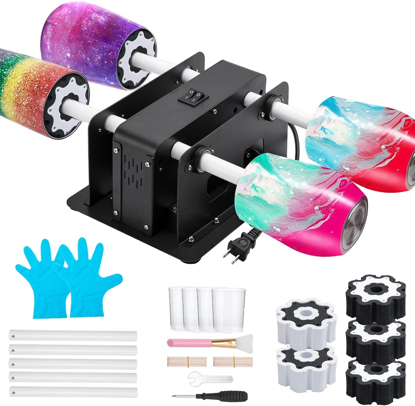 Kingbaas 4 Cup Turner Tumbler Kit Cup Turners for Tumblers Four-Arm Cup Spinner Metal Craft Cuptisserie Turner Kit for DIY Epoxy Glitter Tumblers Machine Independent Switch
