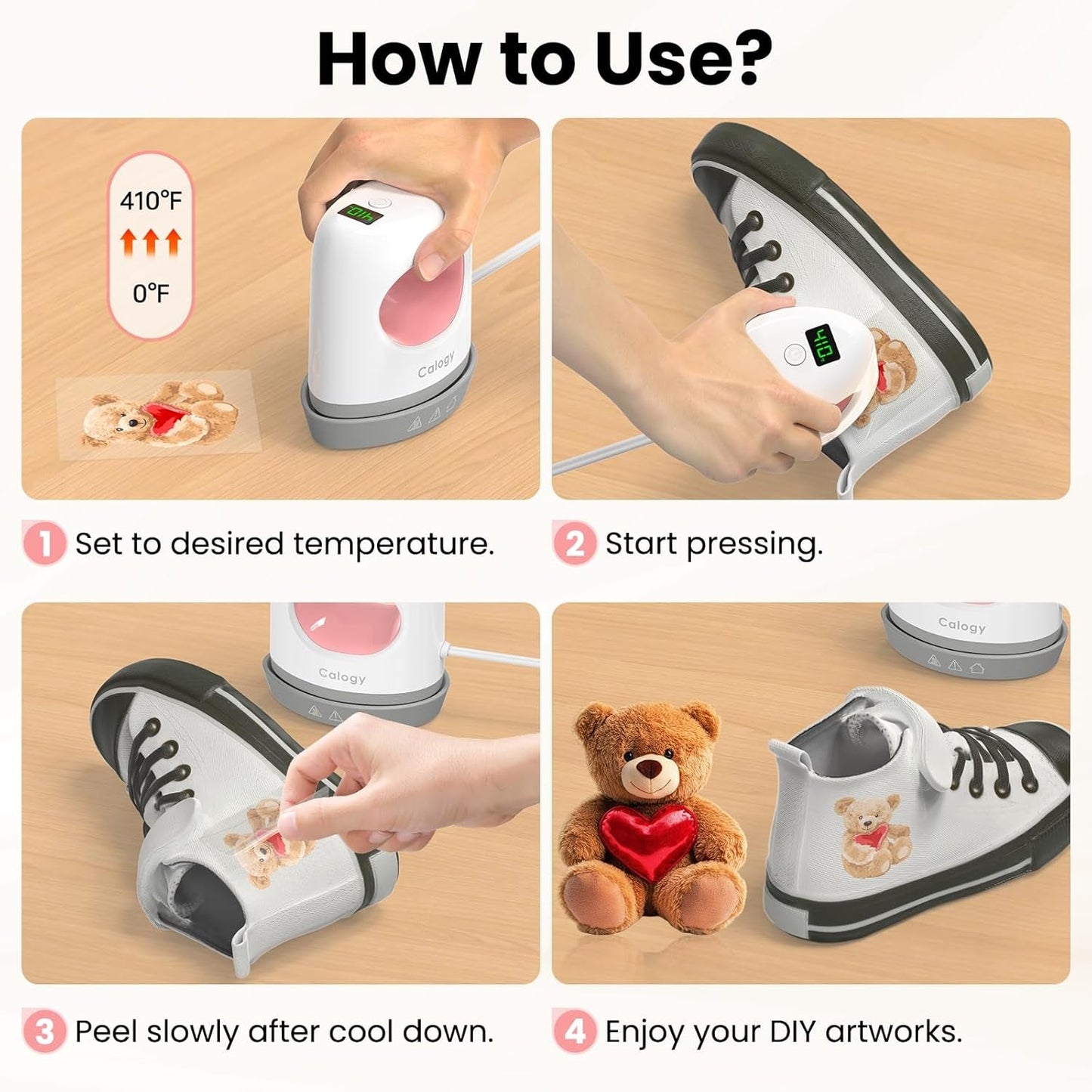 Calogy Super Mini Heat Press Machine, Fast up to Max 410℉ in 3Mins & 4 Heating Setting with LED Display, Mini Iron for Crafting with Precision Tip, Easy for Small Objects like Shoes, Hats (White Pink)