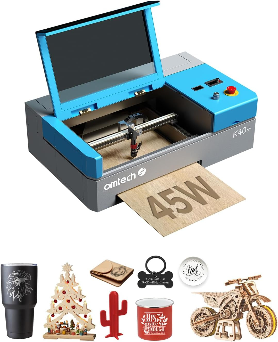 Omtech K40+ CO2 Laser Engraver with Rotary Axis, 8"X12" 45W Desktop Laser Engraving Machine for Home Use, Lasergrbl Lightburn Compatible Laser Engraver Cutter with Adjustable Laser Head Air Assist