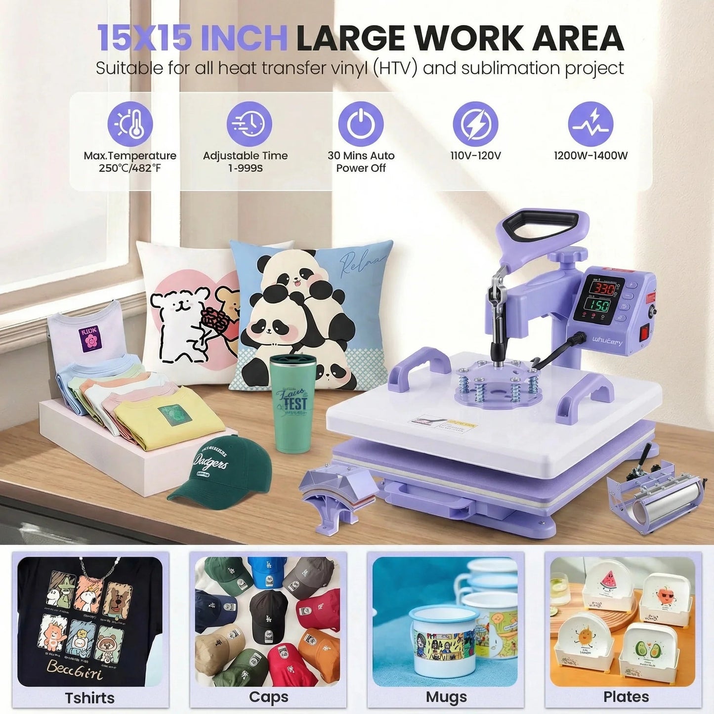 Adnoom Heat Press 15X15, 8 in 1 Multifunctional Shirt Press Machine Combo, 360° Swing Away Sublimation Heat Transfer with LED Display for T-Shirts Mugs Hat Plate Cap