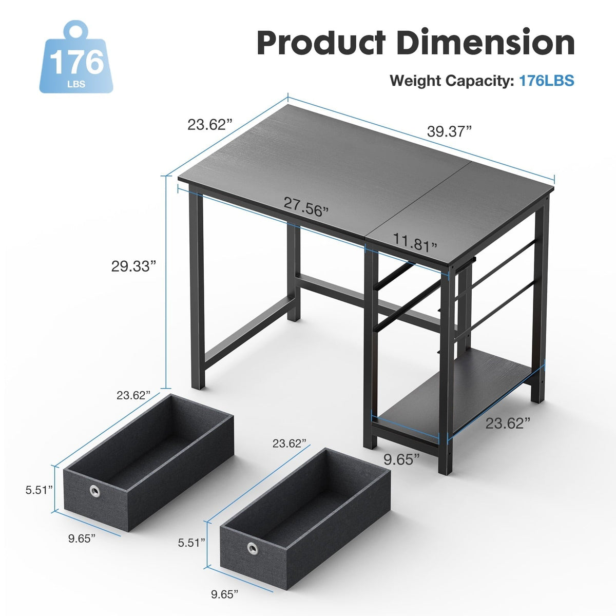 Computer Desk with Drawer 40 Inch PC Table Study Desk with 2-Tier Drawers Storage Shelf Headphone Hook, Modern Simple Style Laptop Desk