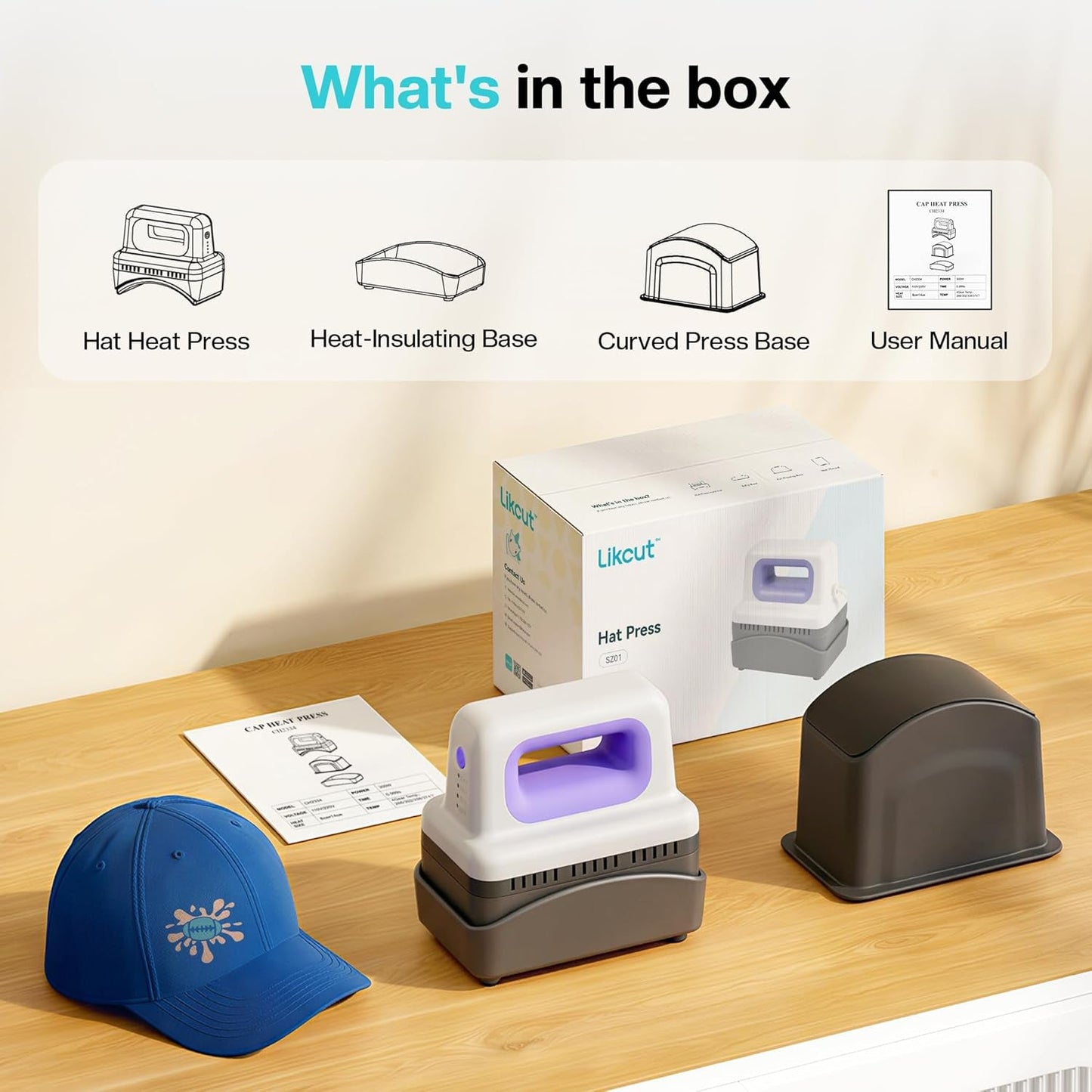 Hat Press SZ01, Lightweight Hat Press Heat Machine for Caps with 4 Heating Levels, 10Min Auto-Off, for Vinyl, Sublimation, Heat Transfer Projects