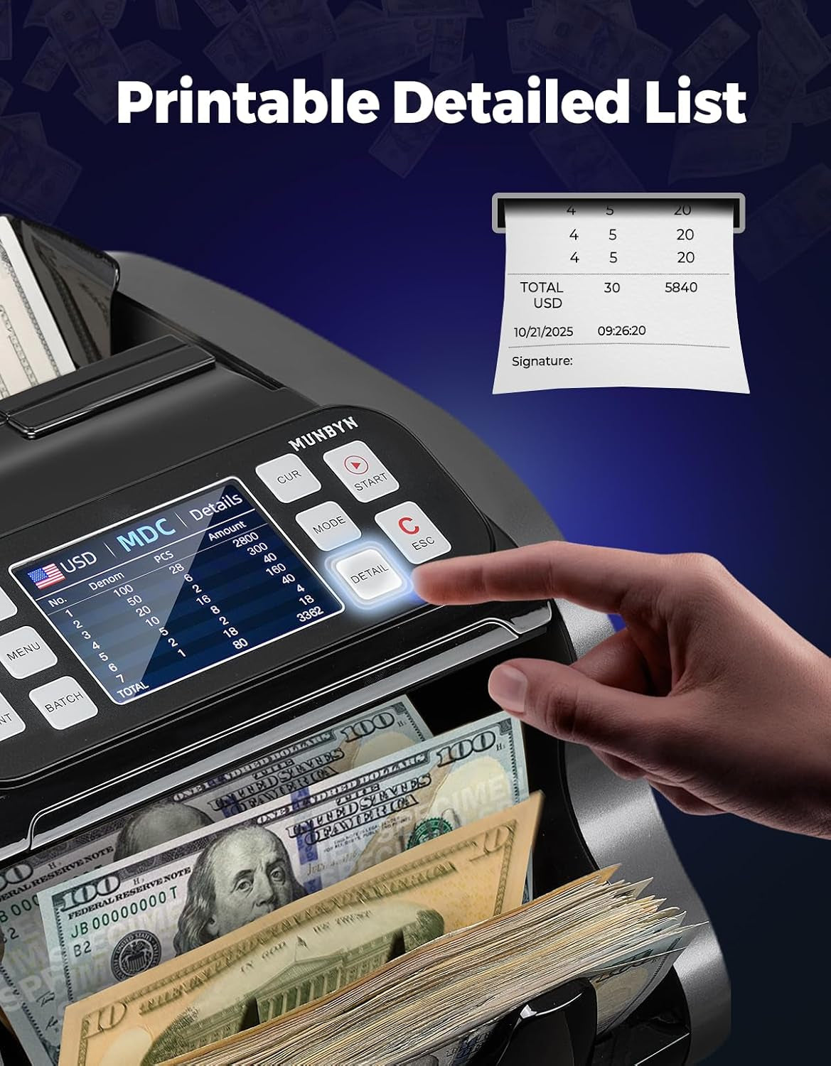 MUNBYN IMC22 Money Counter Machine Mixed Denomination, Dual-Display, CIS/UV/IR/MG Counterfeit Detection Bill Counter, USD, MXN, COP, CAD Cash Counter for Business, Merchant, 2Y Protect (Black)