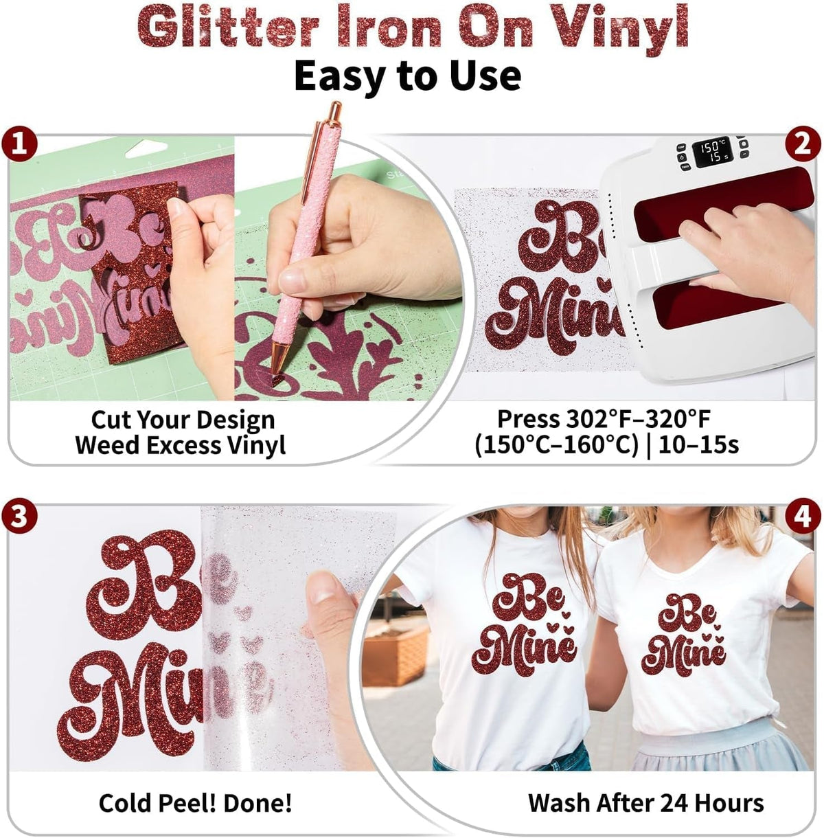Maroon Glitter HTV Heat Transfer Vinyl Roll 10" X10Ft Iron on Vinyl for T Shirts DIY Crafts Sparkly Glitter HTV Vinyl Heat Transfer Includes Glitter Pin Pen