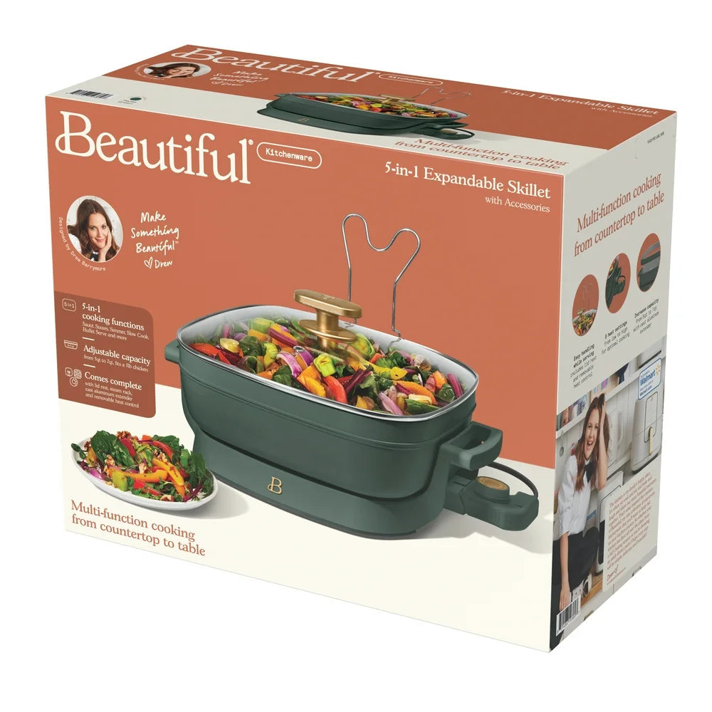 5 in 1 Electric Skillet - Expandable up to 7 Qt with Glass Lid, Thyme Green by Drew Barrymore